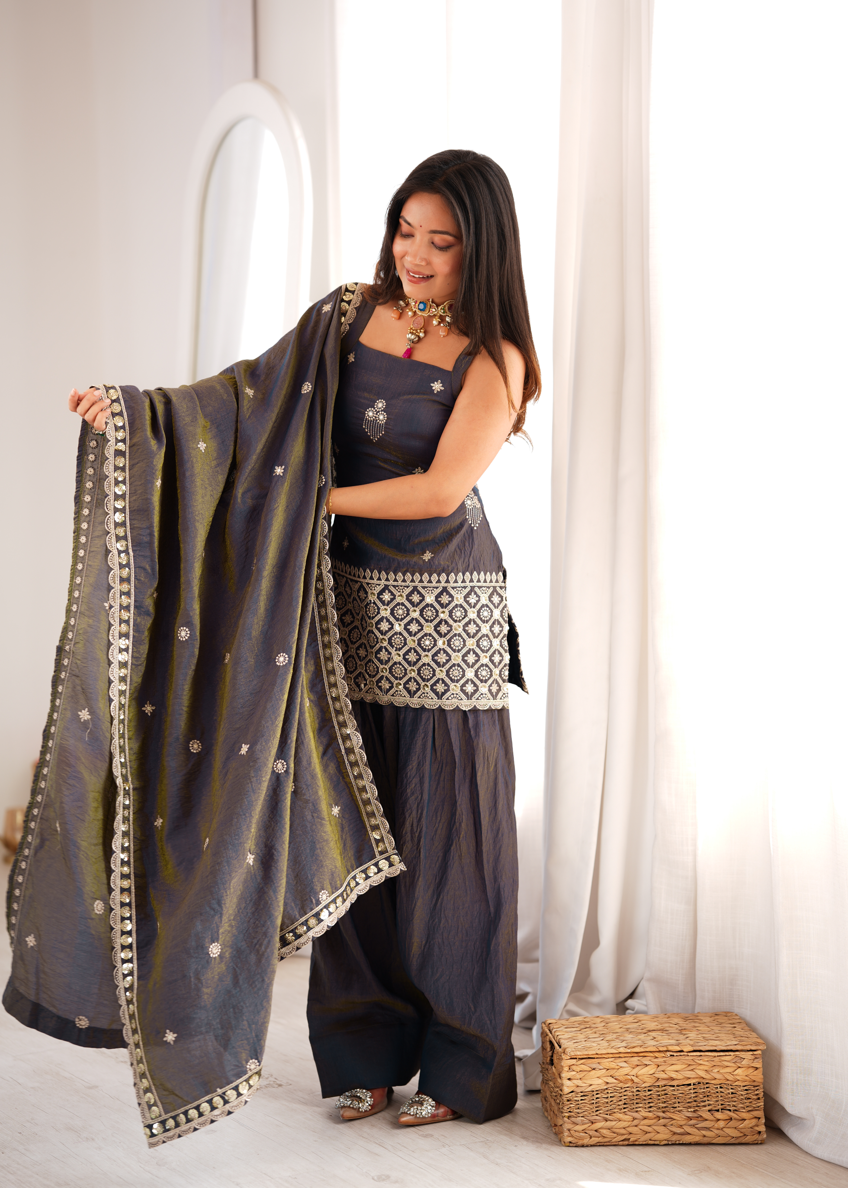 Premium NC Vichitra Silk Embroidered Farshi Shalwar Set