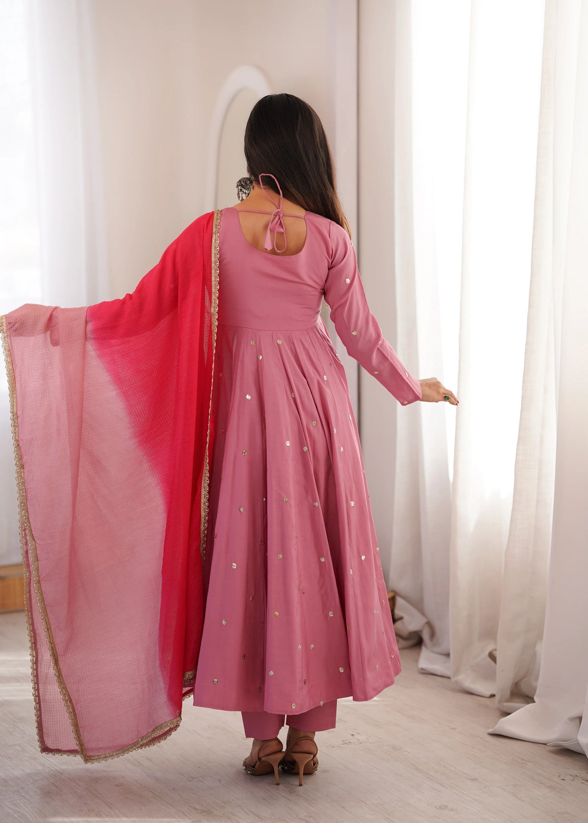 Premium Roman Silk Anarkali Gown with Embroidery, Sequin & Real Mirror Work