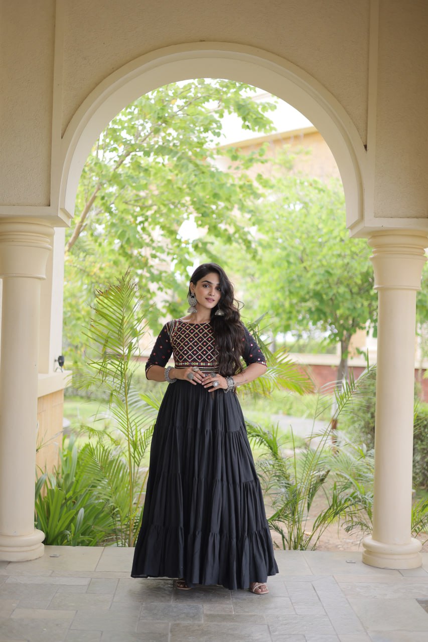 Premium Kora Cotton Embroidered Navratri Gown with Gota Patti & Mirror Work | ByRavina