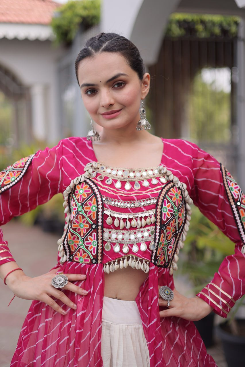 Premium Kora Cotton Navratri Lehenga with Laheriya Print & Kutchi Patchwork Kurti