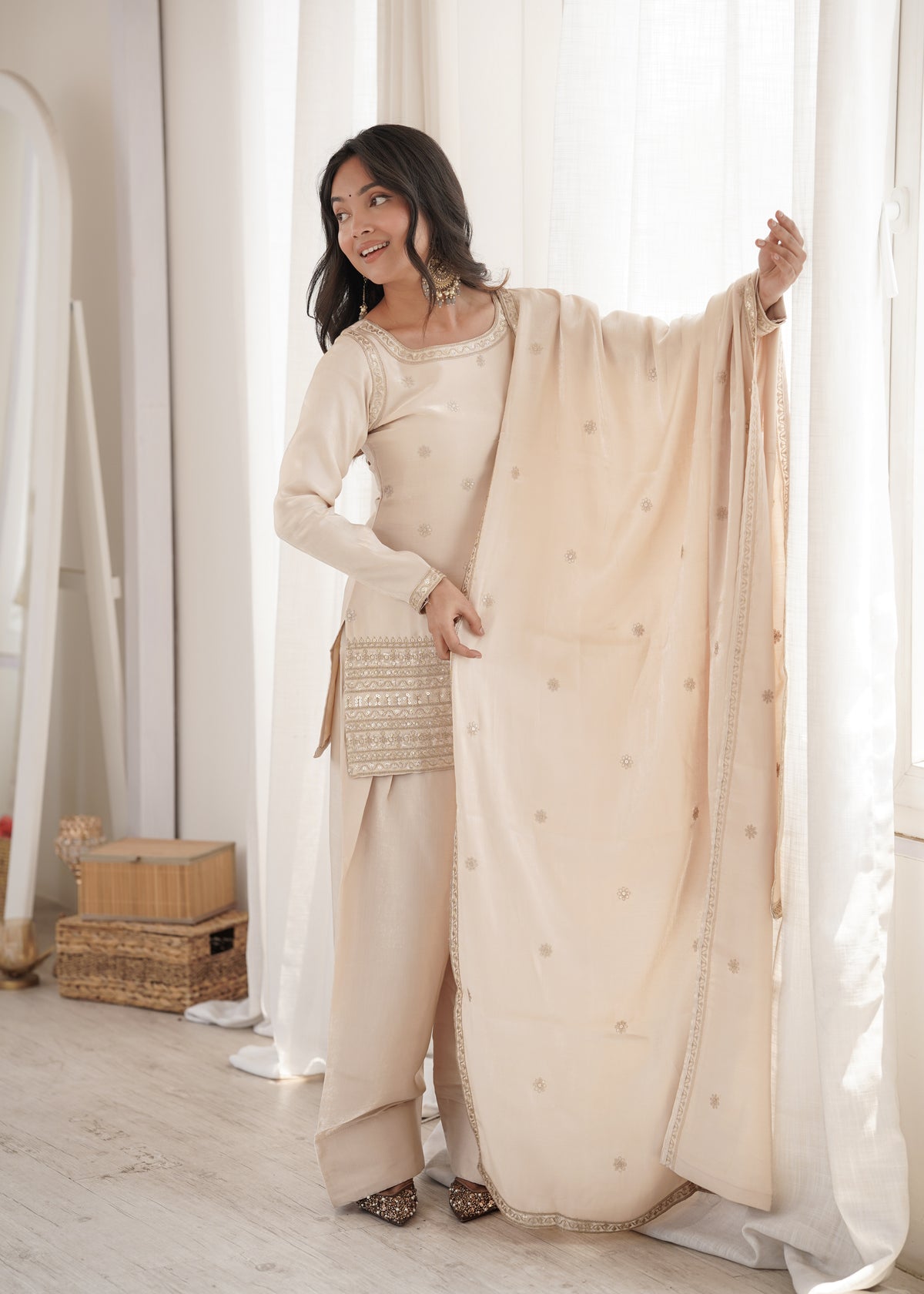 Premium Glass Roman Silk Top & Farshi Shalwar Set with Embroidery, Sequin, Dori & Jari Work