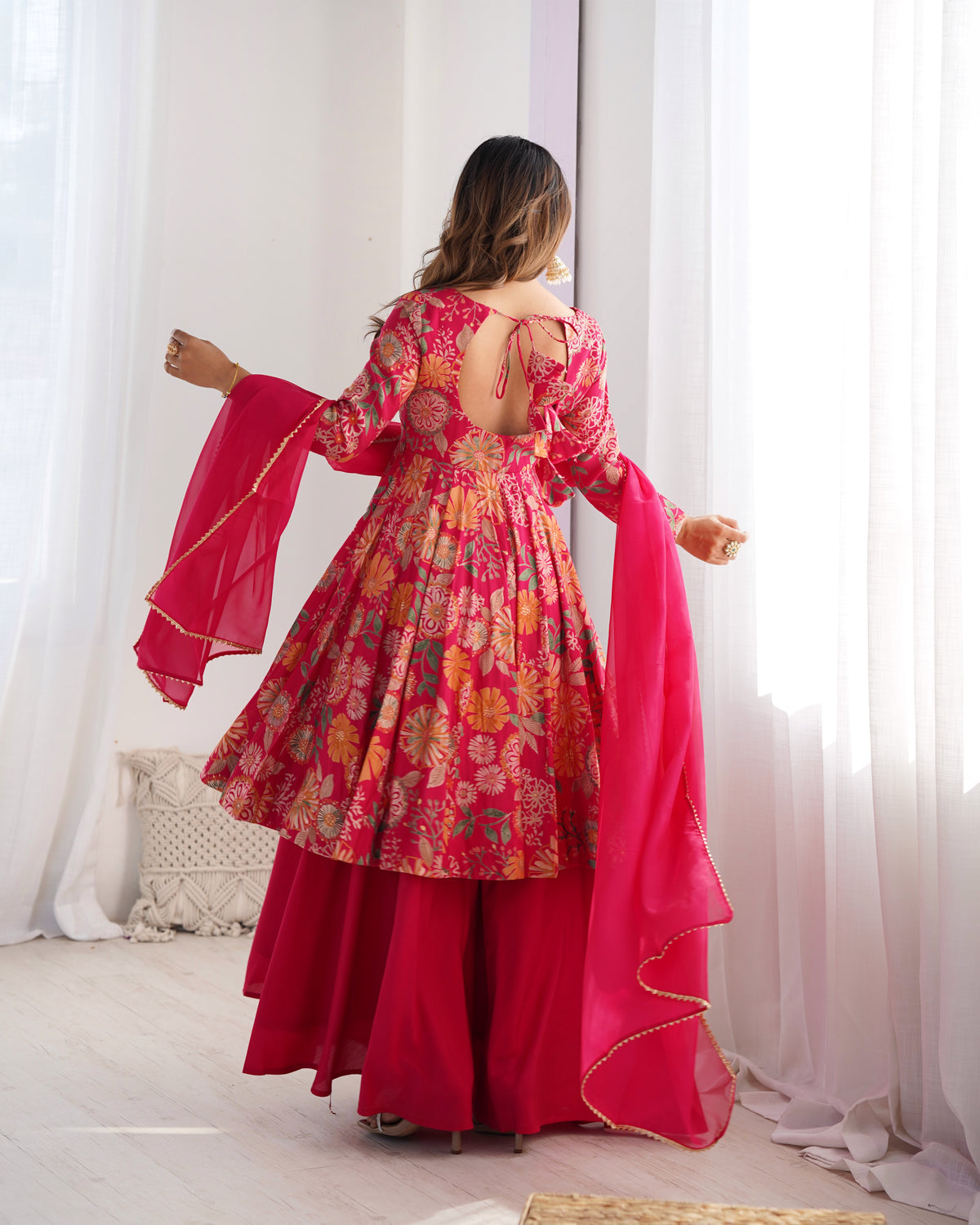Premium Roman Silk Chanderi Discharge Print Kediya Kurta Set with Organza Dupatta & Palazzo