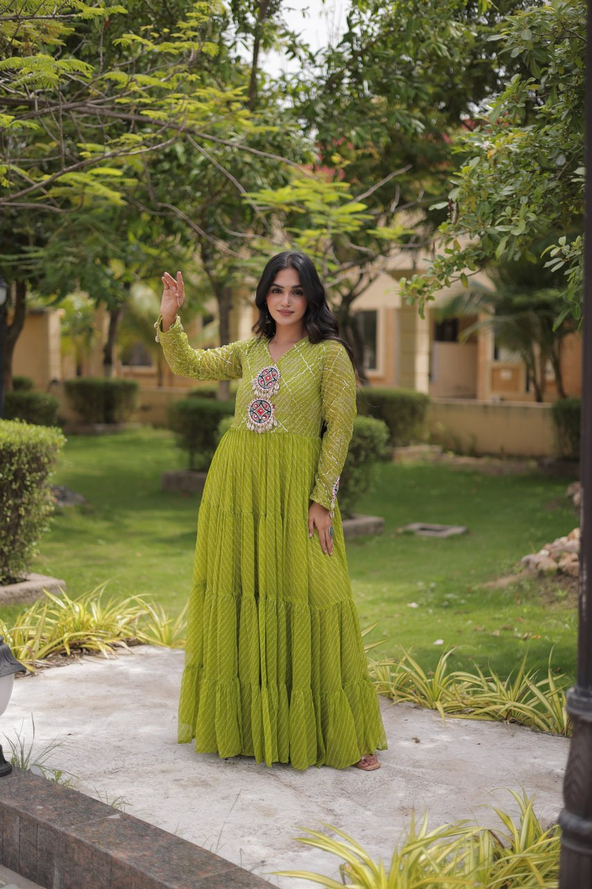 Premium Faux Georgette Navratri Gown with Laheriya Print & Kutchi Patchwork