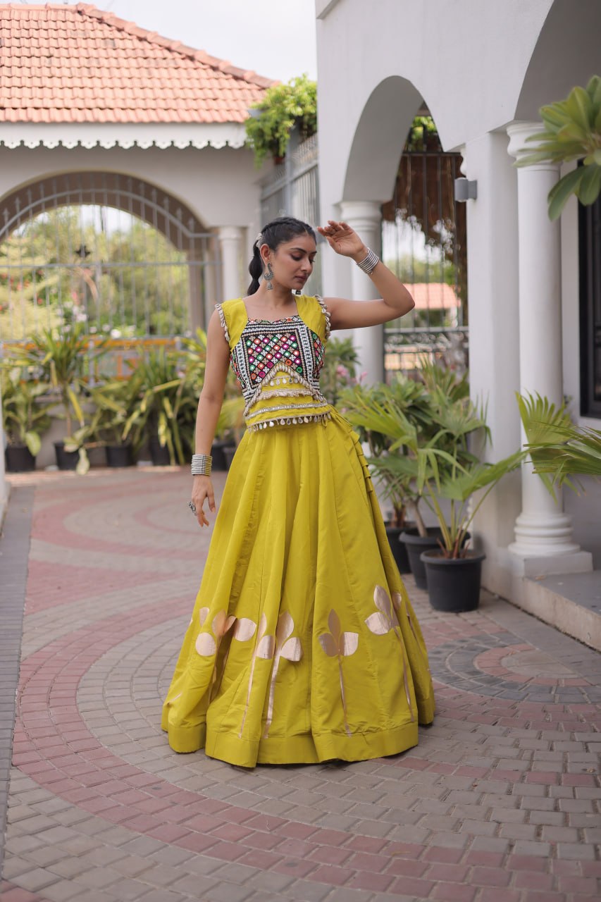 Premium Roman Silk Navratri Lehenga Choli with Pan-Patti Gota & Mirror Lace Work