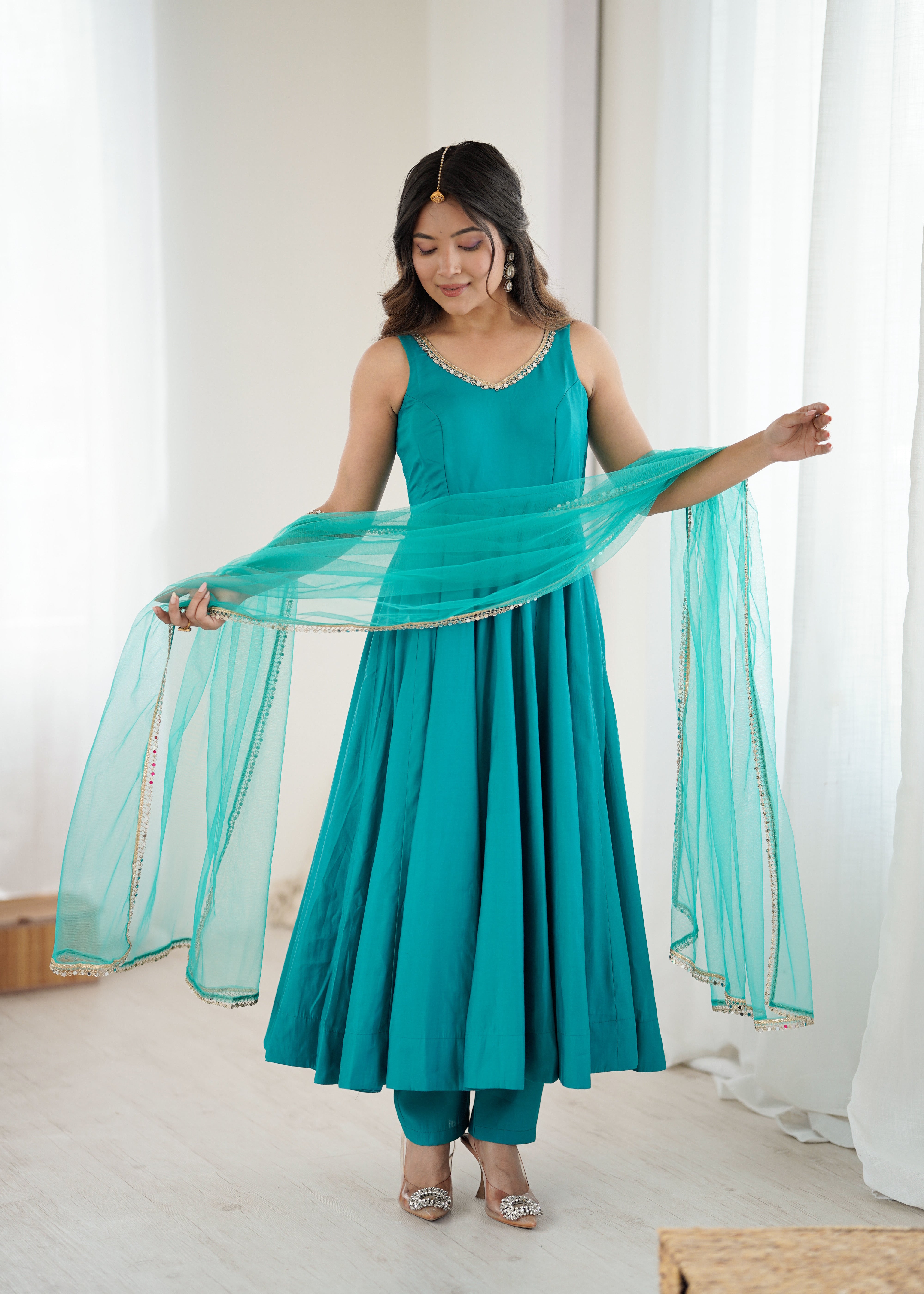 Premium Pure Romansilk Chanderi 4 Meter Flared Anarkali Gown Set