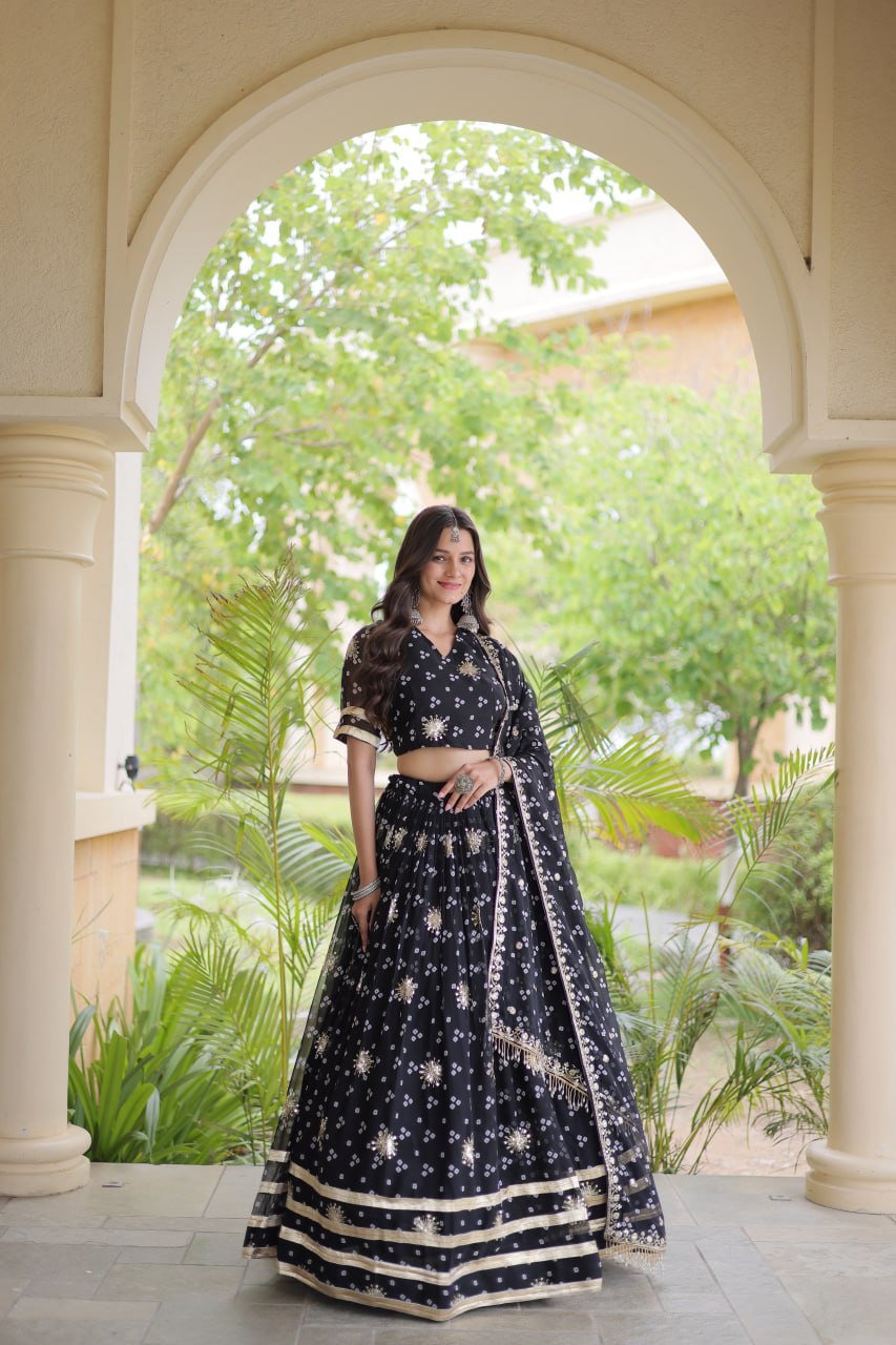 Premium Faux Georgette Bandhej Print Lehenga Choli with Embroidery & Dupatta