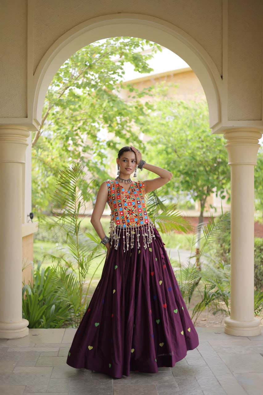 Premium Cora Cotton Navratri Lehenga Choli with Heart Thread Embroidery & Gamthi Mirror Work