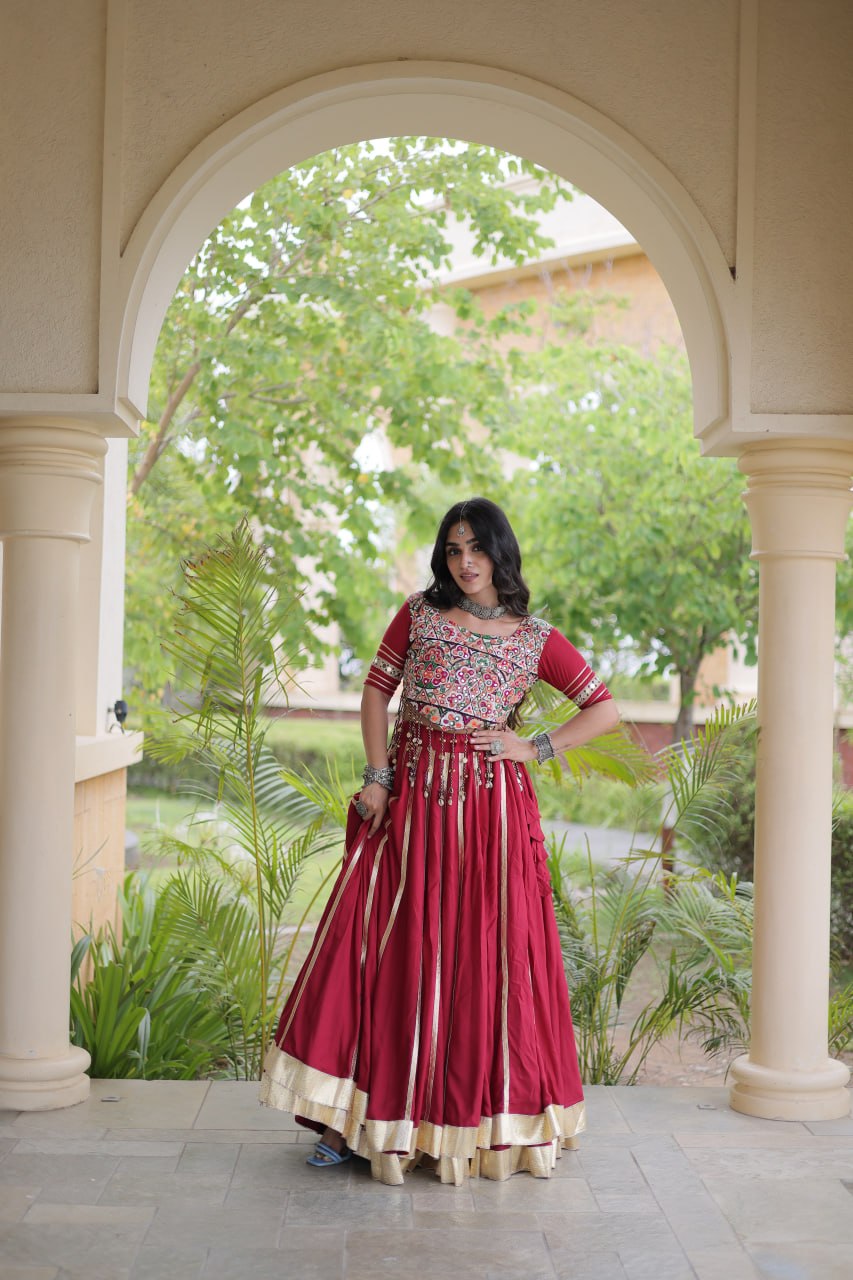 Reyon Navratri Lehenga Choli with Gota Patti Lace, Gamthi Embroidery & Real Mirror Work