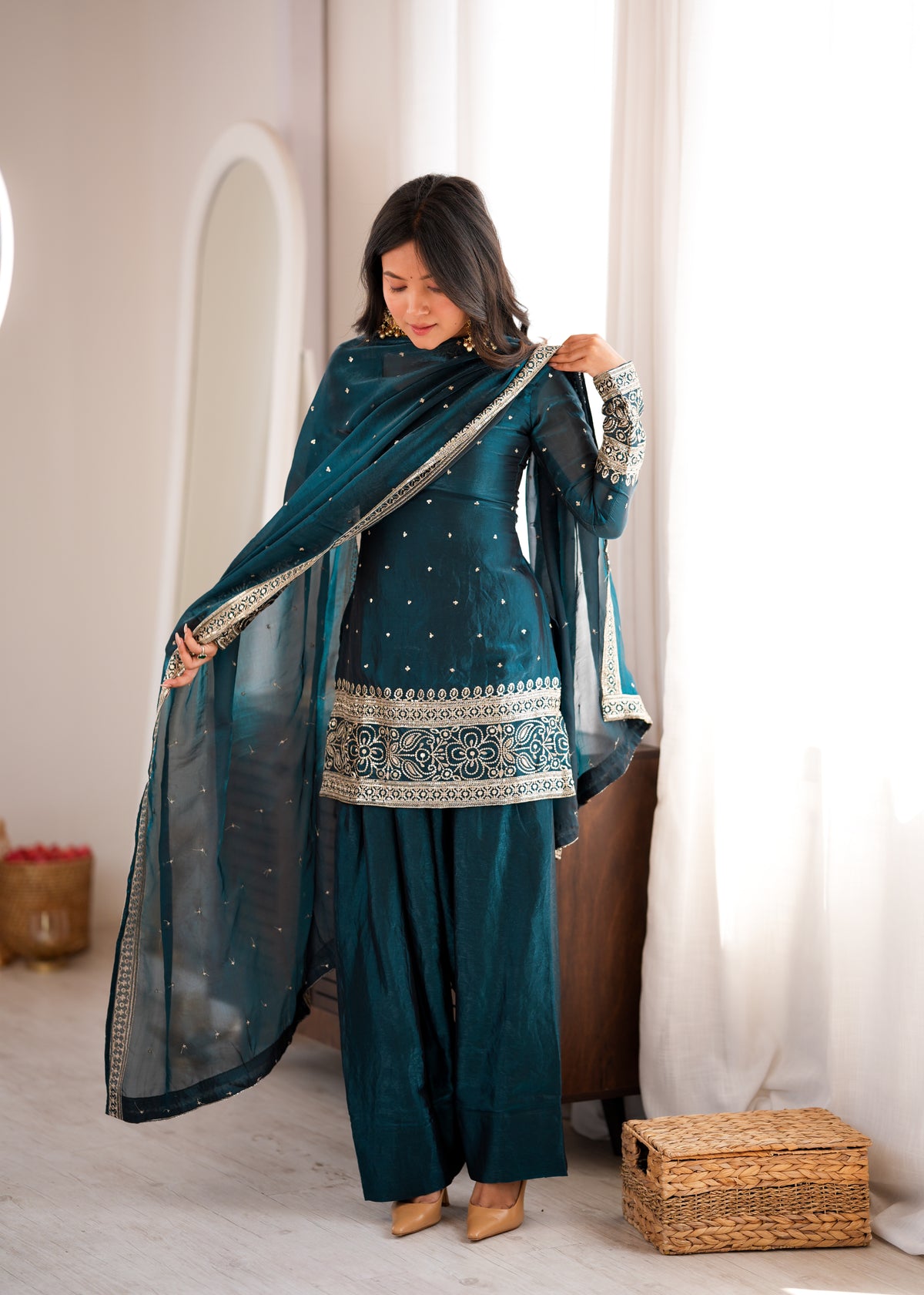 Premium Heavy Fendy Silk Embroidered Farshi Shalwar Set