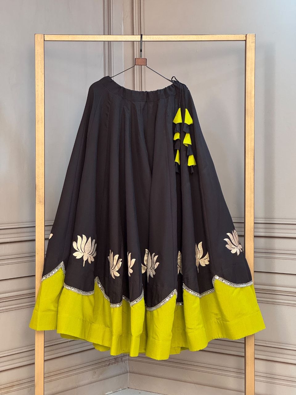 Premium Roman Fabric Navratri Lehenga with Lotus Gota & Mirror Lace Work | ByRavina-7172