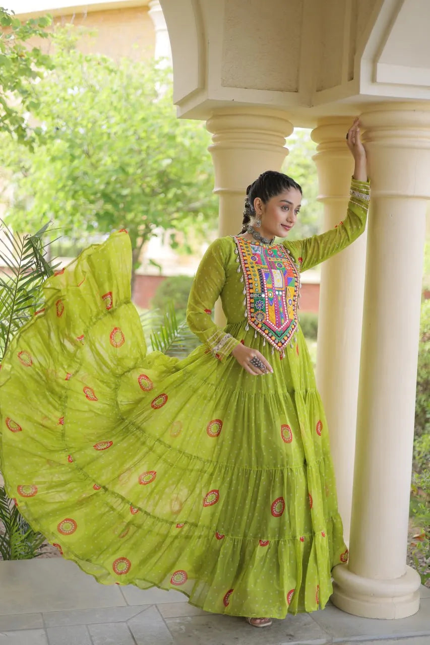 Premium Faux Georgette Navratri Gown with Bandhani Print & Kutchi Patchwork