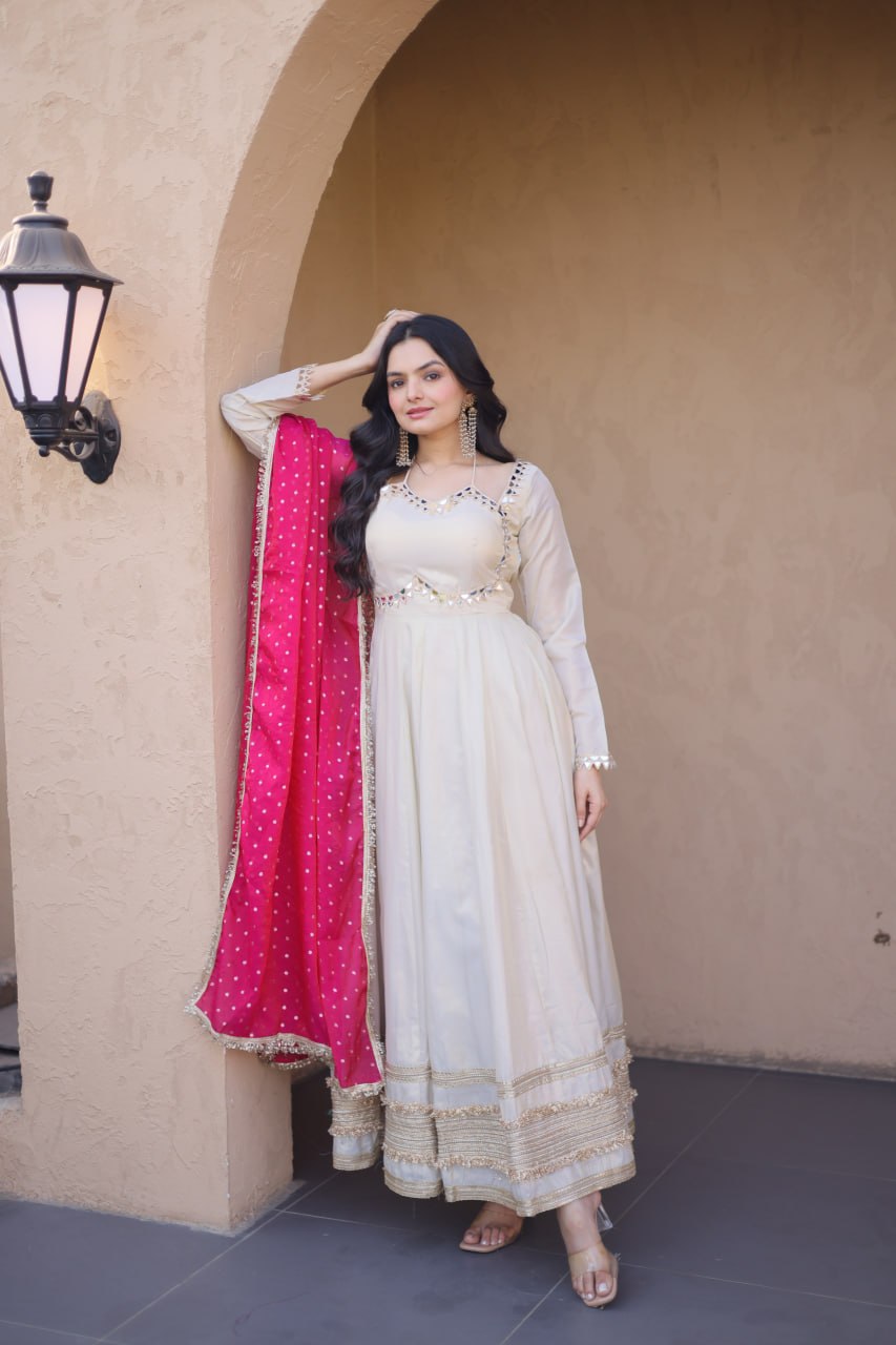Premium Cosmos Real Mirror Work Gown with Dupatta