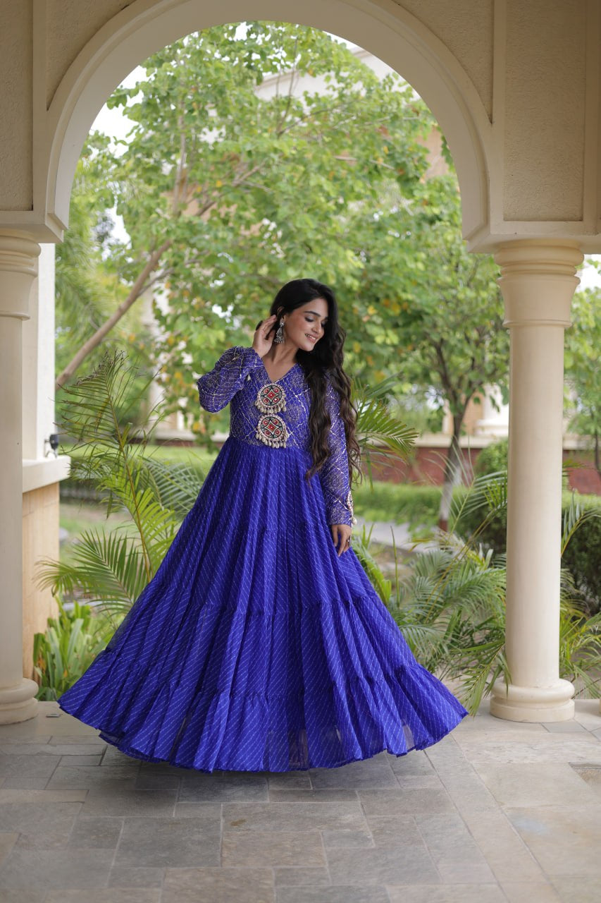 Premium Faux Georgette Navratri Gown with Laheriya Print & Kutchi Patchwork