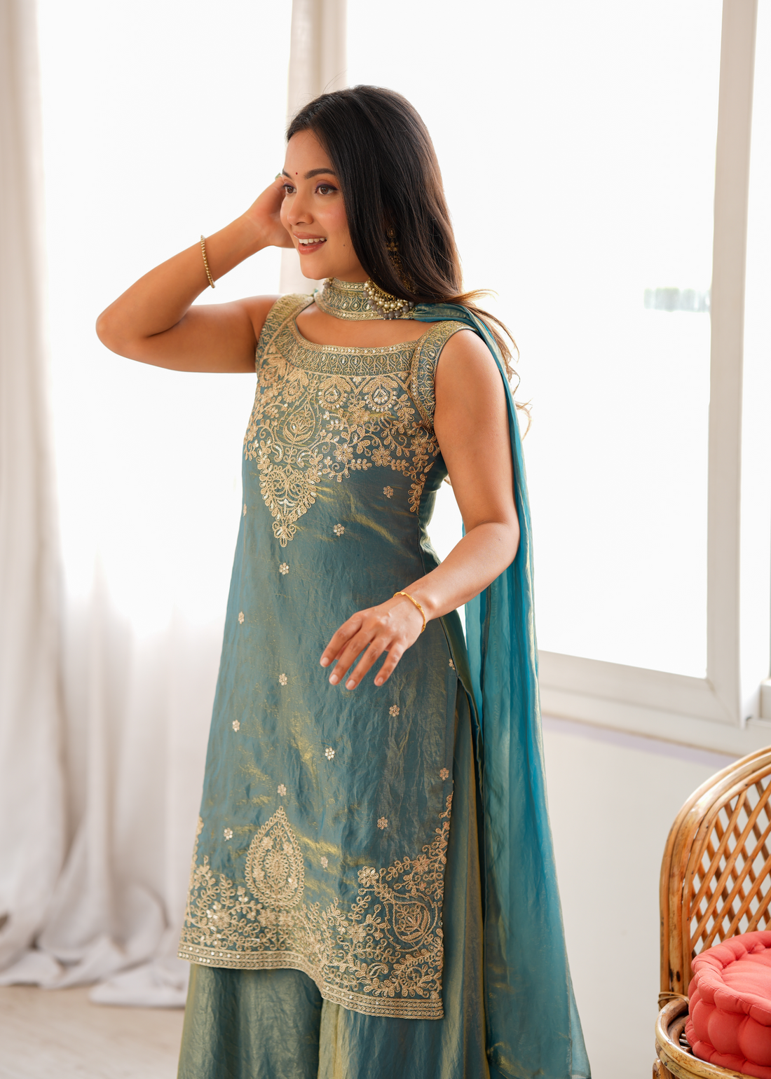 Premium Fendy Silk Embroidered Sharara Set with Dupatta