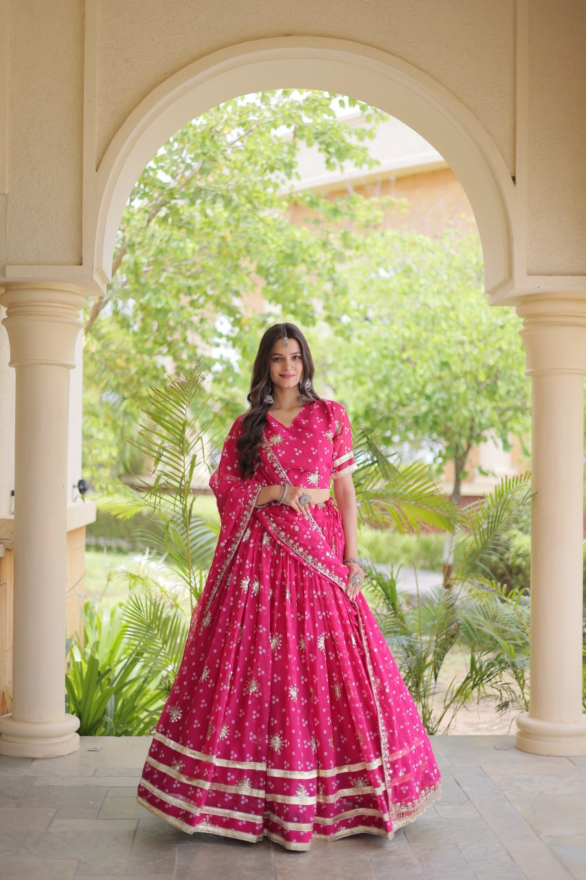 Premium Faux Georgette Bandhej Print Lehenga Choli with Embroidery & Dupatta