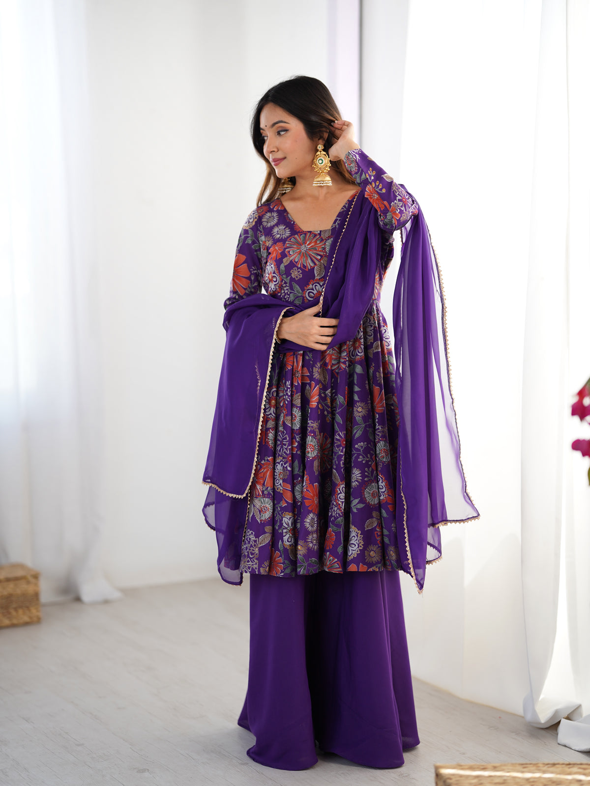 Premium Roman Silk Chanderi Discharge Print Kediya Kurta Set with Organza Dupatta & Palazzo