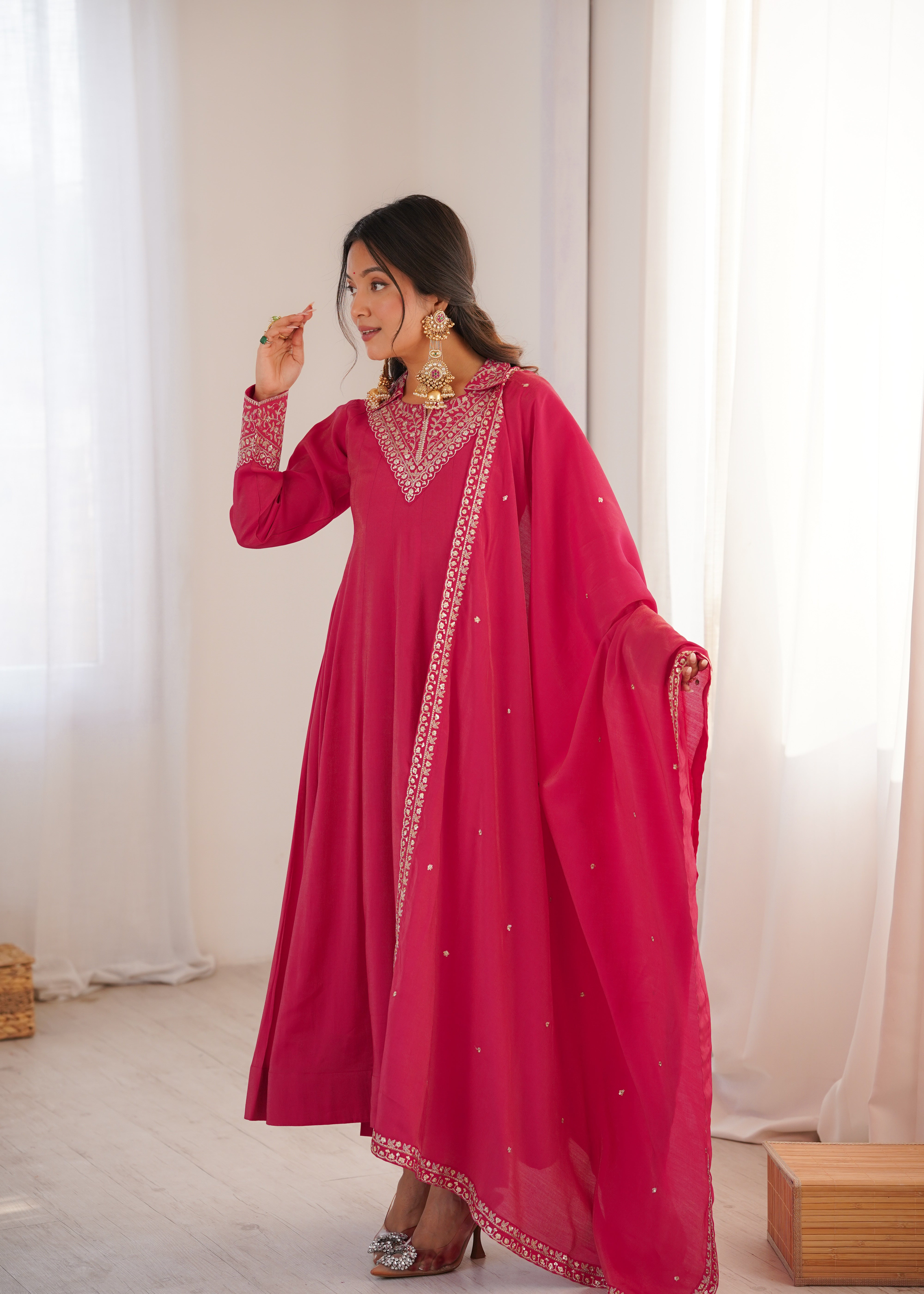 Premium Pure Roman Shimmer Silk Fully Flared Anarkali Gown Set