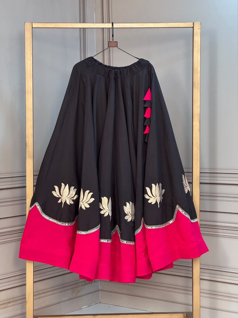 Premium Roman Fabric Navratri Lehenga with Lotus Gota & Mirror Lace Work | ByRavina-7172