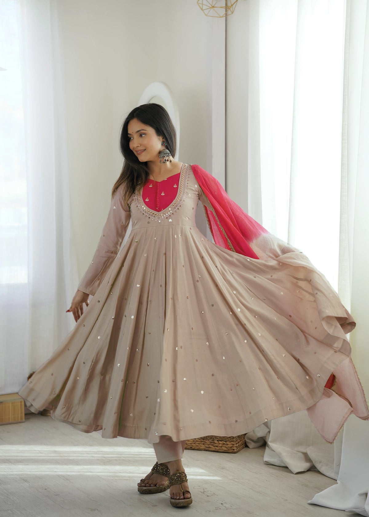 Premium Roman Silk Anarkali Gown with Embroidery, Sequin & Real Mirror Work