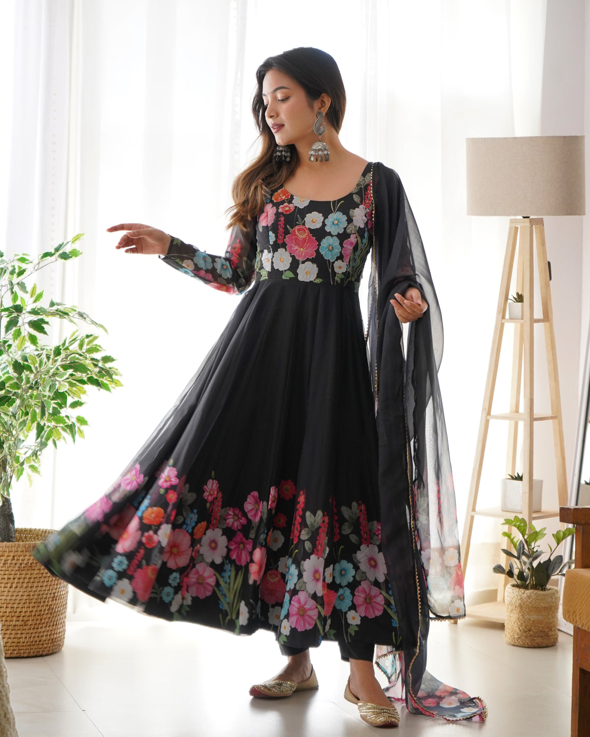 Premium Organza Silk Printed Anarkali Suit Set with Badla Jari & Gota Patti Work