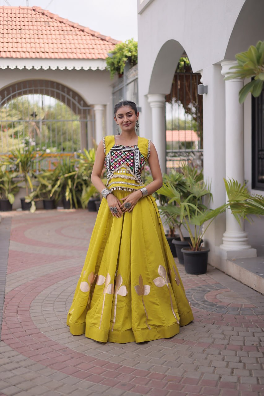 Premium Roman Silk Navratri Lehenga Choli with Pan-Patti Gota & Mirror Lace Work
