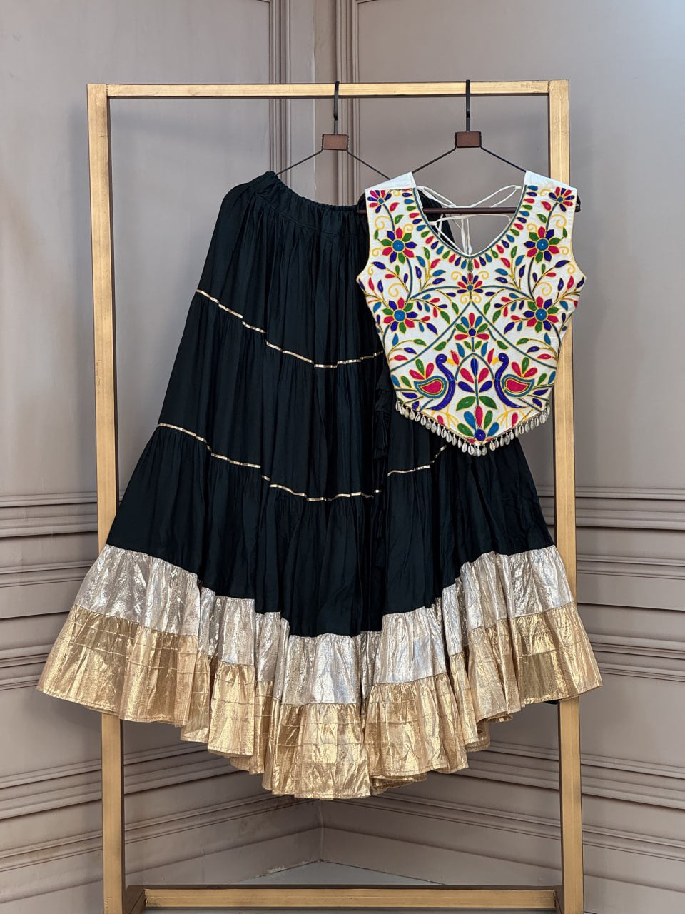 Premium Rayon Navratri Lehenga Choli with Lampi Lace & Kutchi Work Blouse