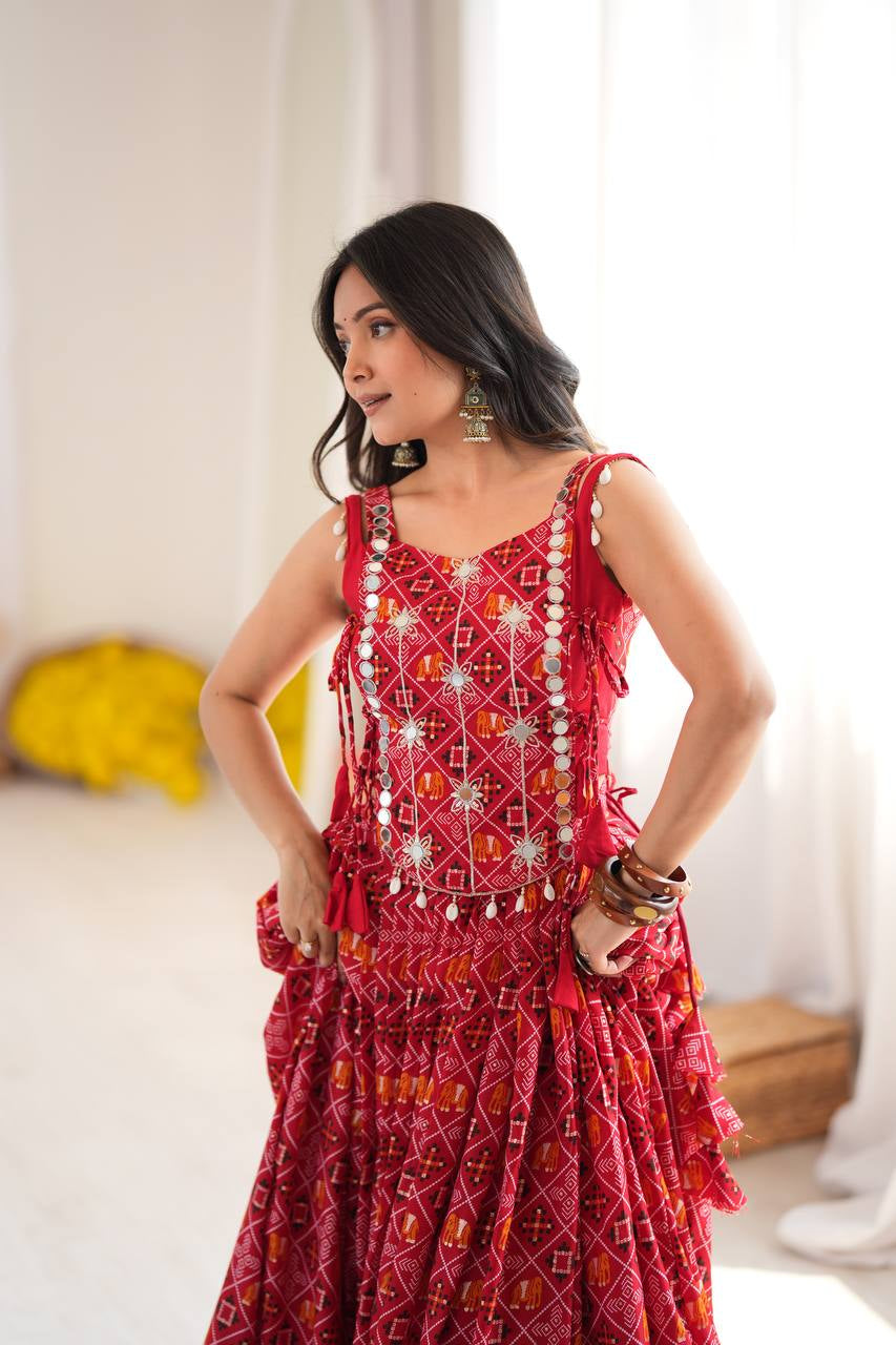 Premium Heavy Rayon Digital Print Lehenga Choli with Embroidered Mirror Work Koti