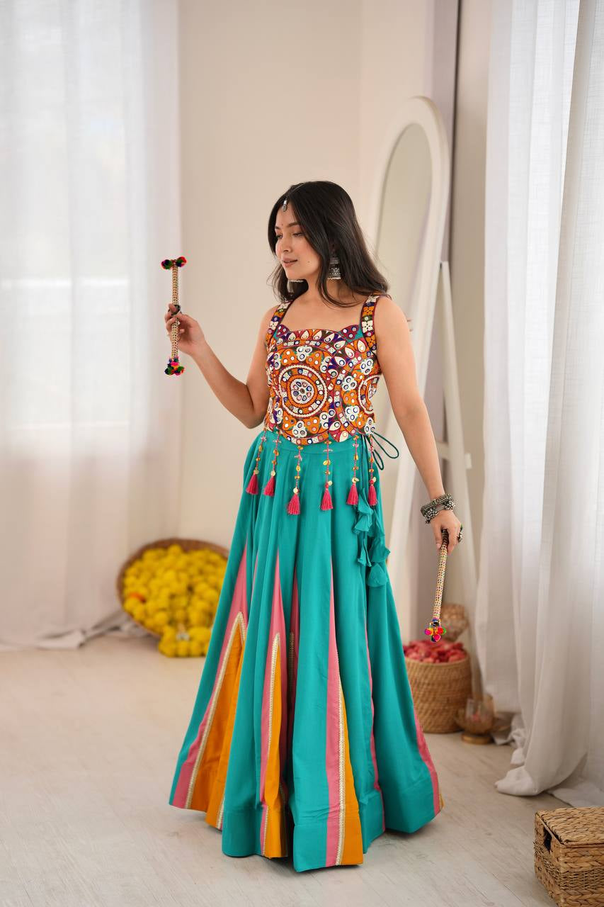 Premium Heavy Rayon Lehenga Choli with Fancy Lagdi Patta Lace & Real Mirror Work