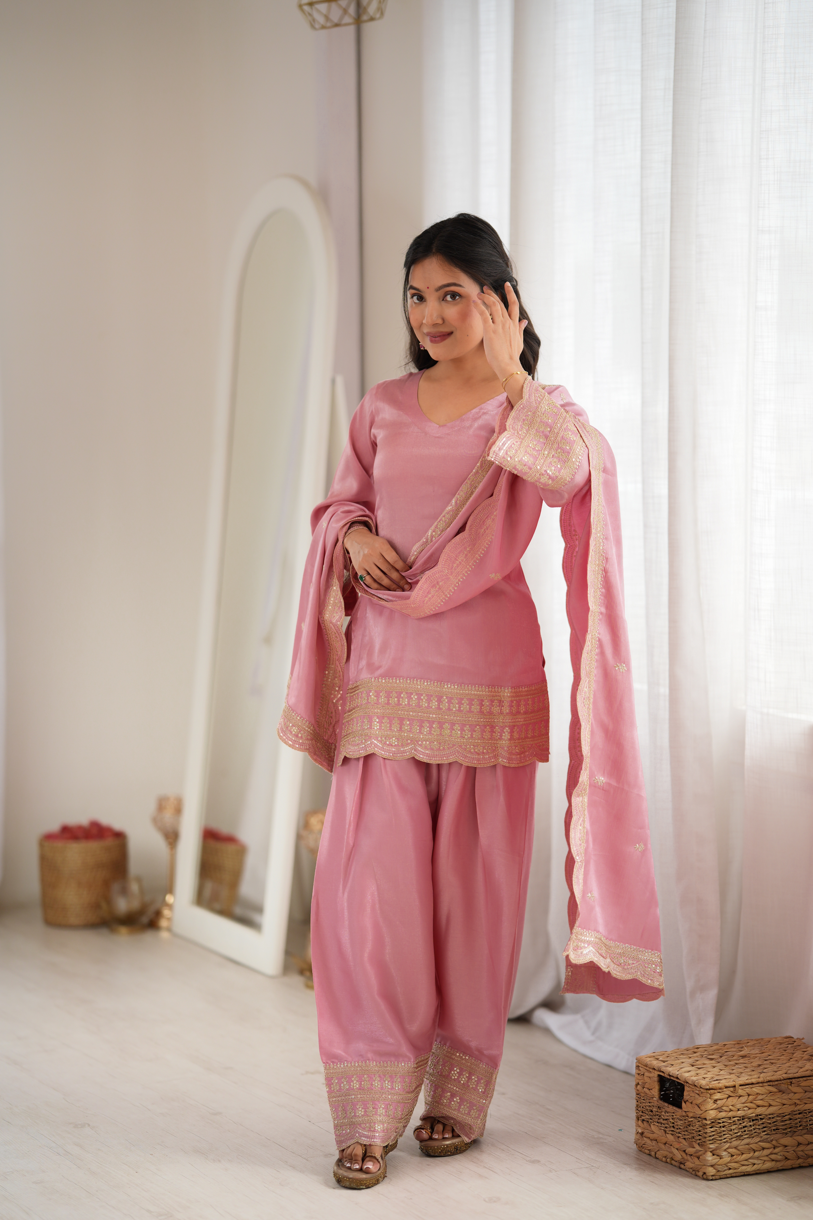 Premium Glass Roman Silk Embroidered Farshi Shalwar Set with Dupatta
