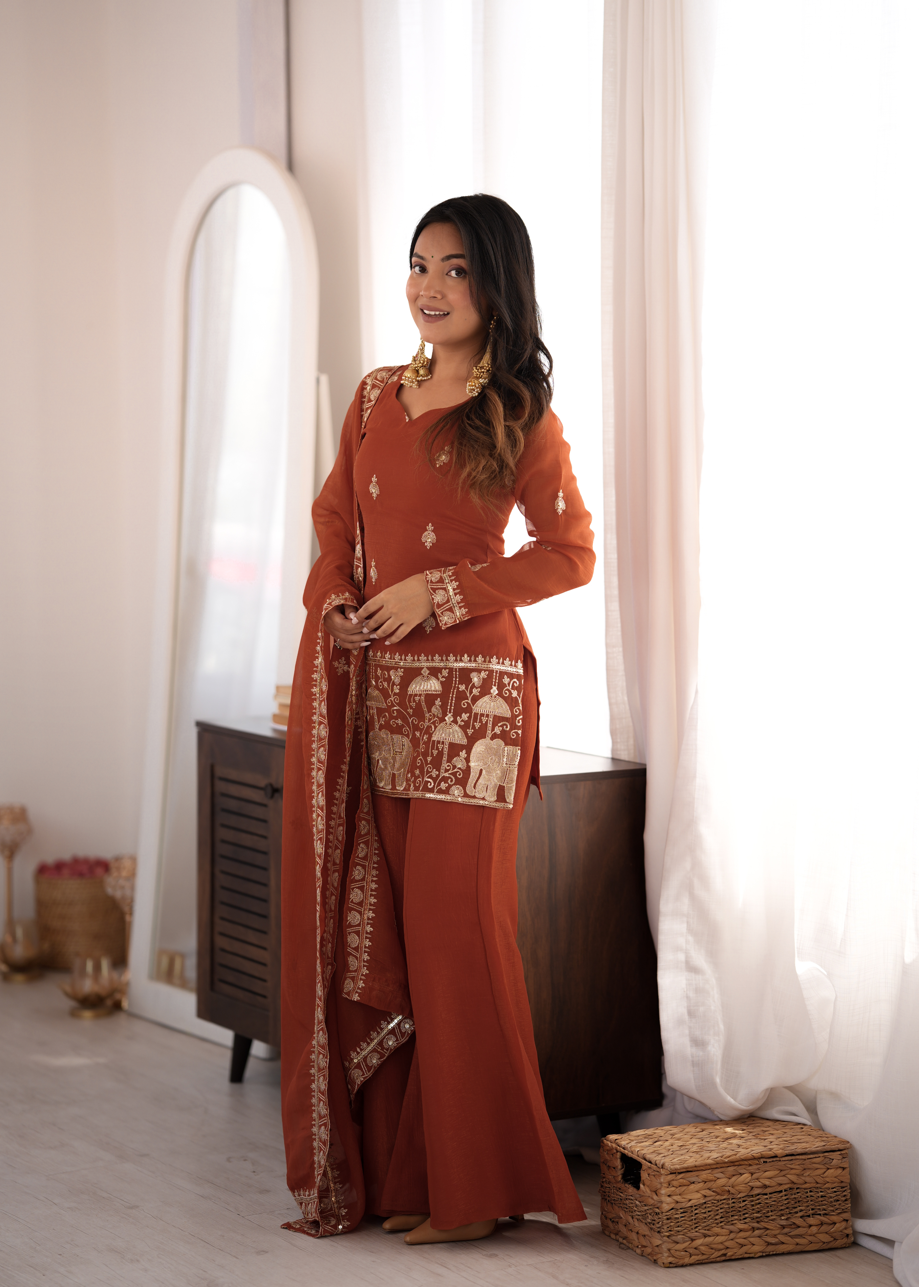 Premium Crunchy Silk Embroidered Bell Bottom Set
