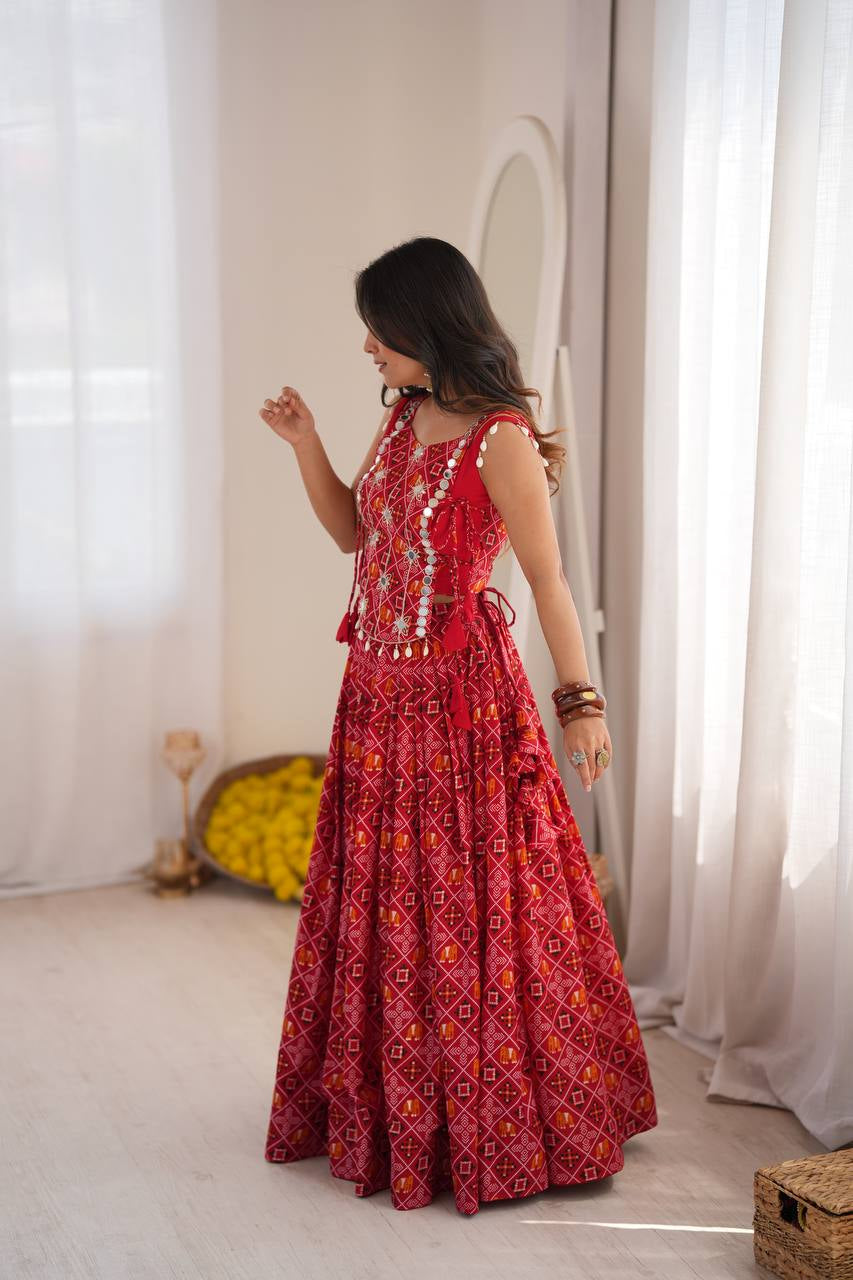 Premium Heavy Rayon Digital Print Lehenga Choli with Embroidered Mirror Work Koti