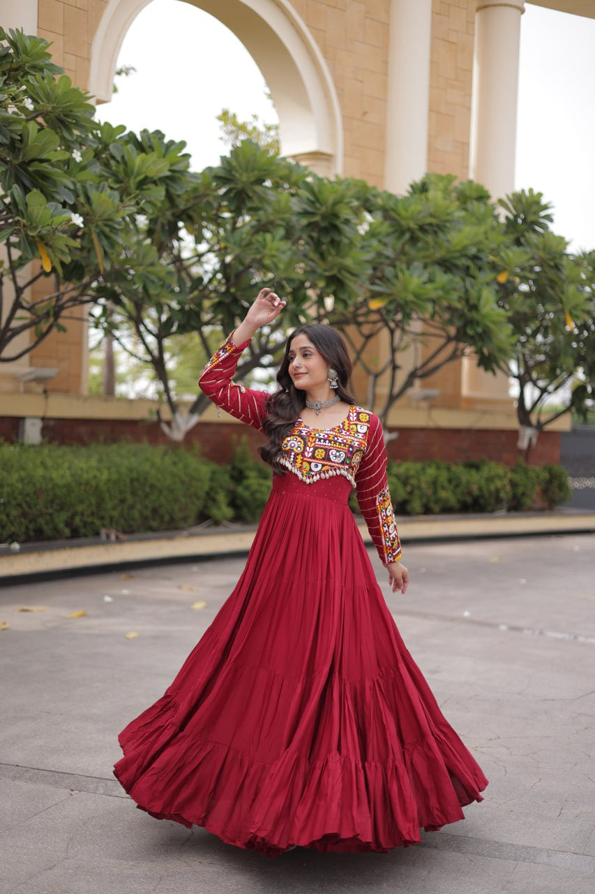 Premium Rayon Navratri Gown with Mukaish, Gamthi Embroidery, Mirror & Gota Patti Work