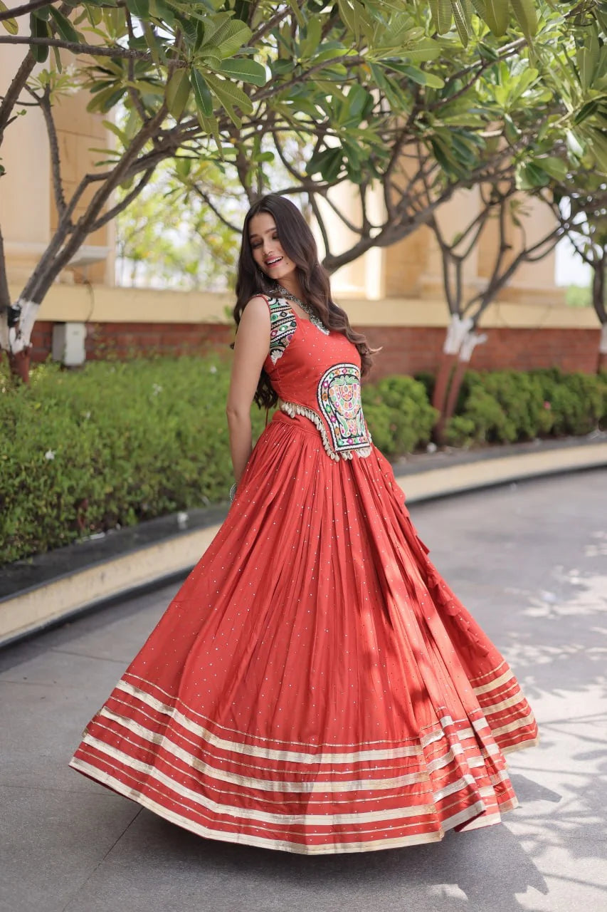Reyon Navratri Lehenga Choli with Mukesh & Gamthi Mirror Work