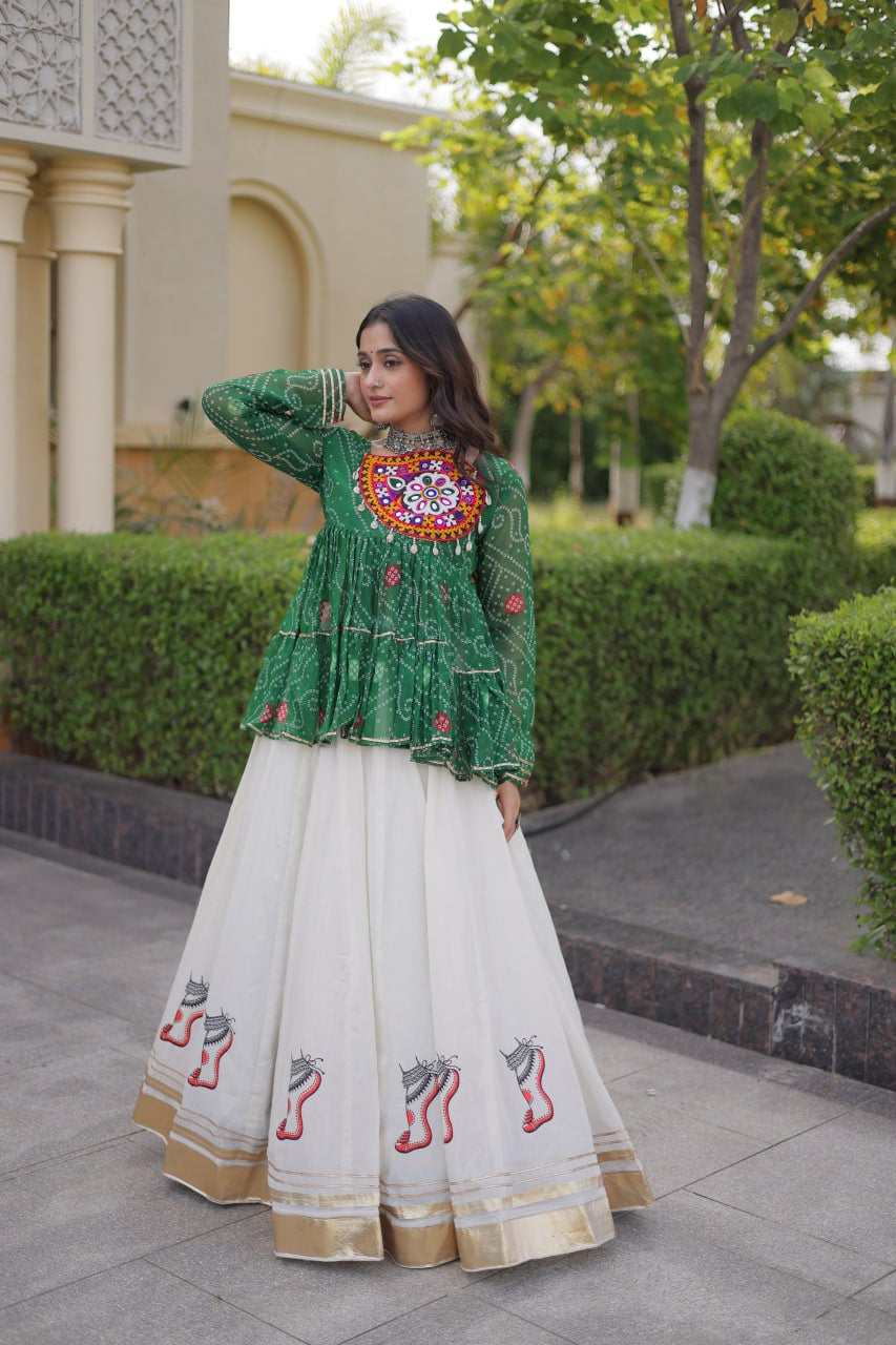 Premium Kora Cotton Navratri Lehenga Choli with Gota Lace & Bandhani Kutchi Gamthi Work
