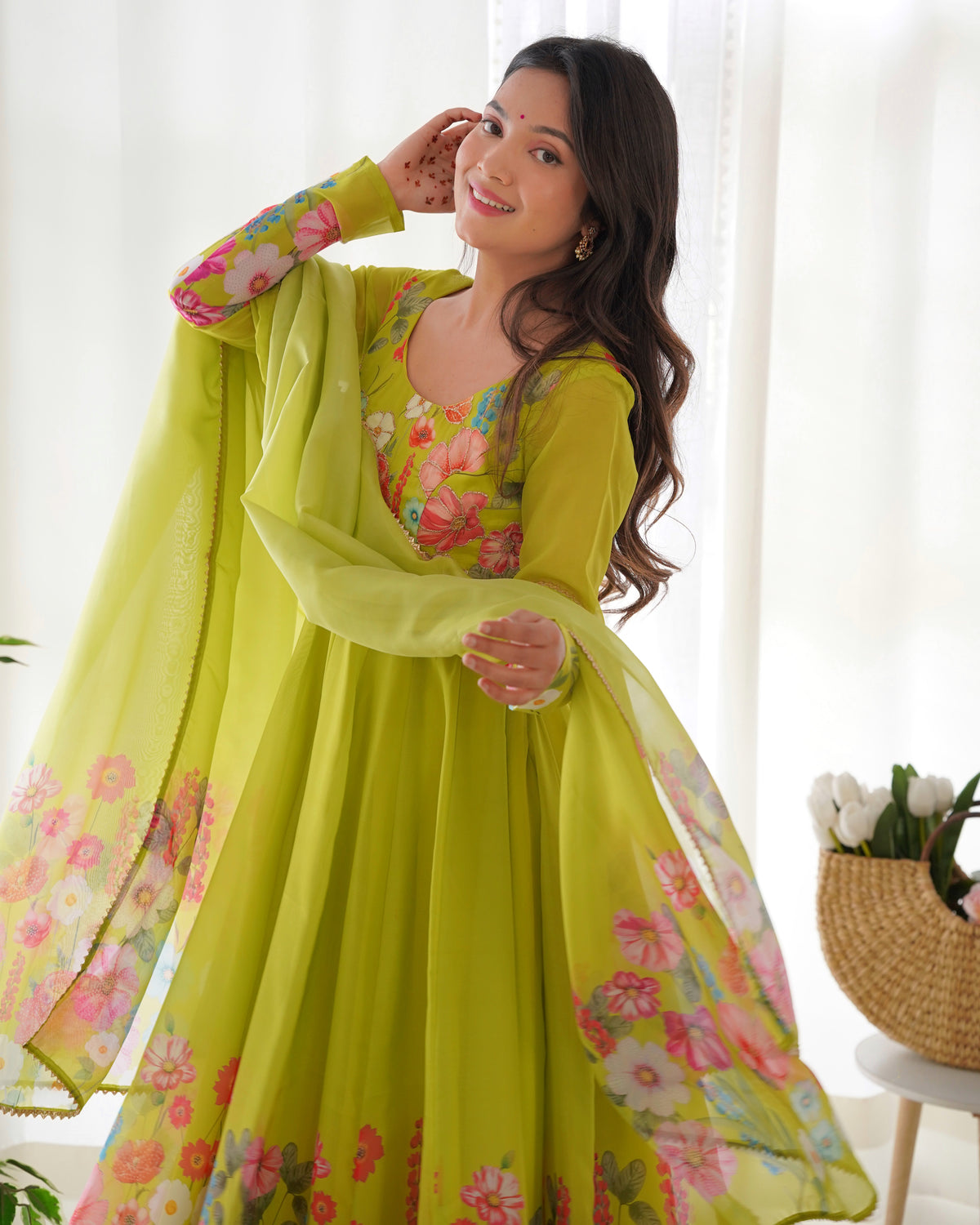 Premium Organza Silk Printed Anarkali Suit Set with Badla Jari & Gota Patti Work