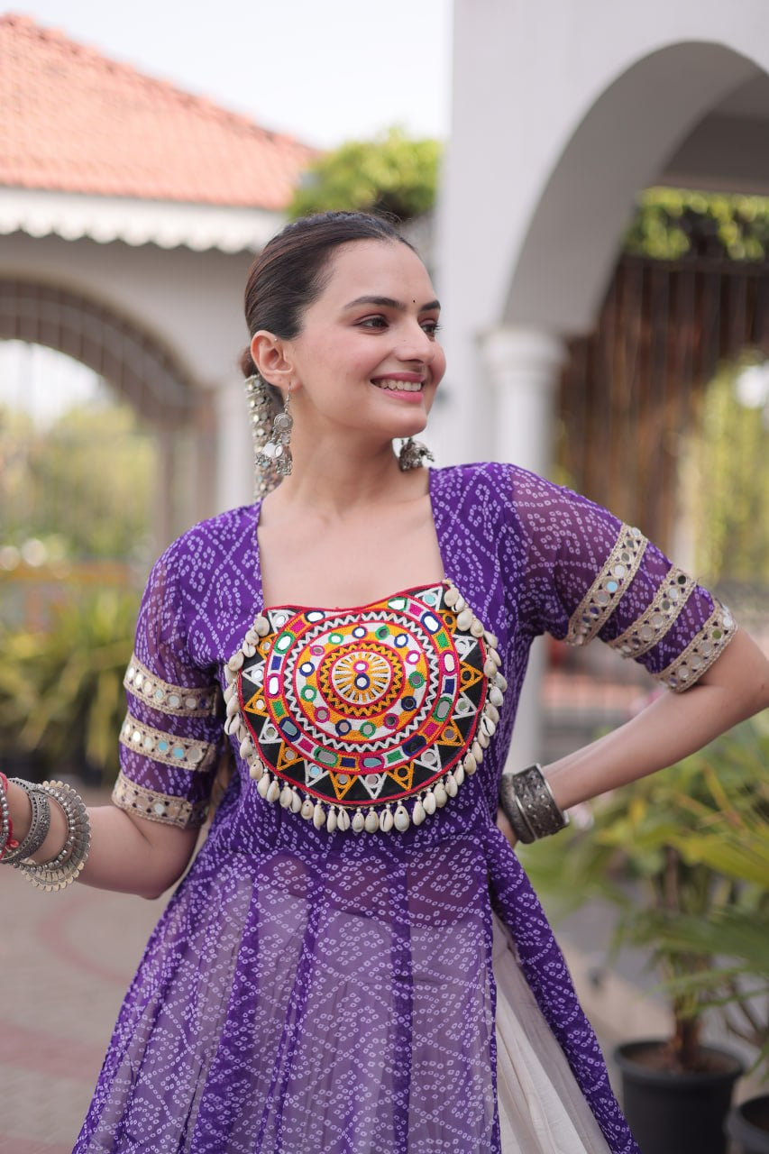 Premium Kora Cotton Navratri Lehenga with Bandhani Print & Kutchi Patchwork Kurti
