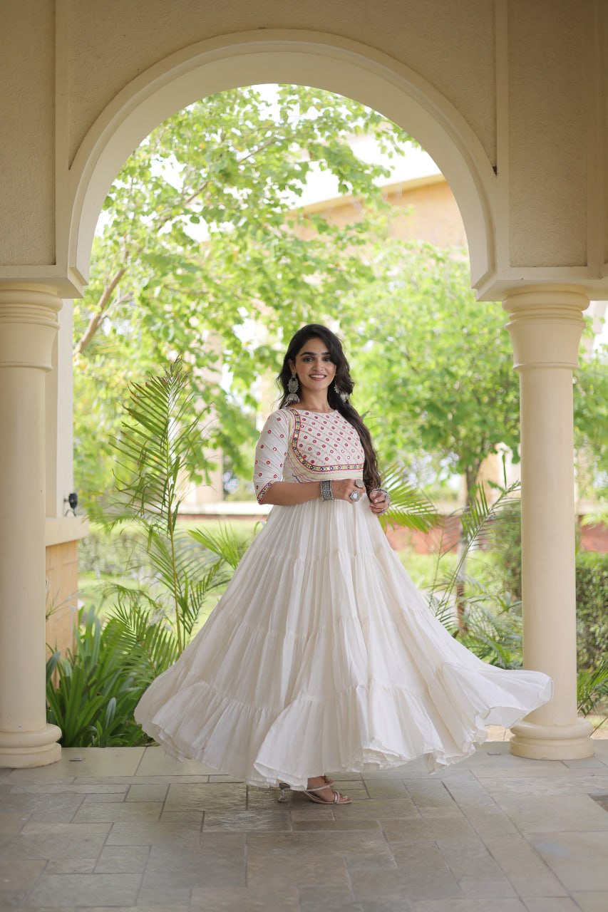 Premium Kora Cotton Embroidered Navratri Gown with Gota Patti & Mirror Work | ByRavina