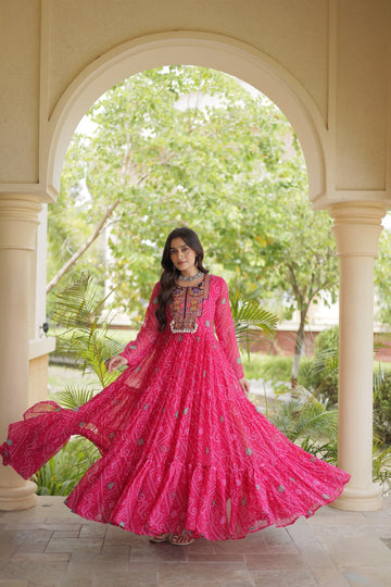 Premium Faux Georgette Navratri Gown with Bandhani Print & Kutchi Patchwork