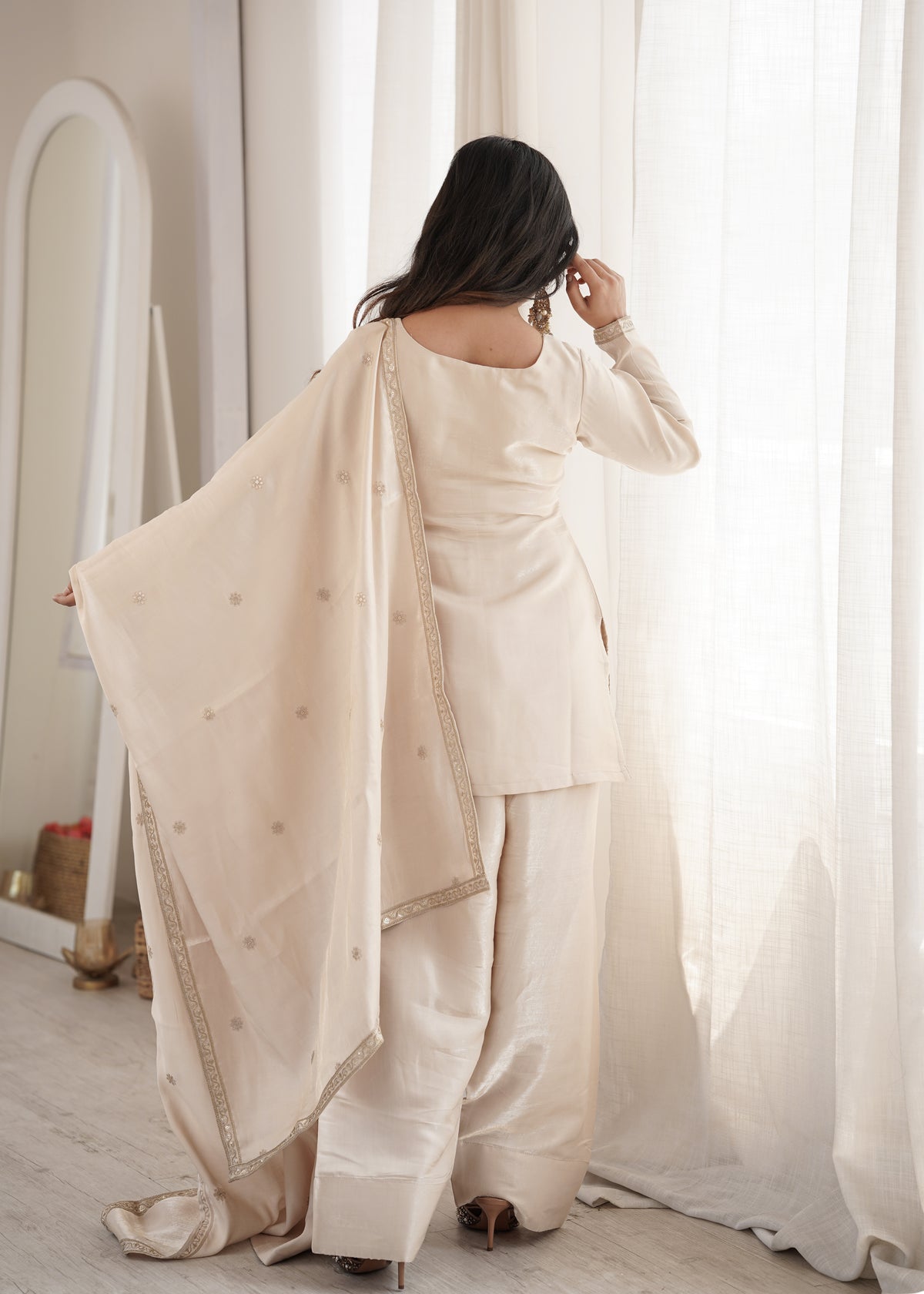 Premium Glass Roman Silk Top & Farshi Shalwar Set with Embroidery, Sequin, Dori & Jari Work