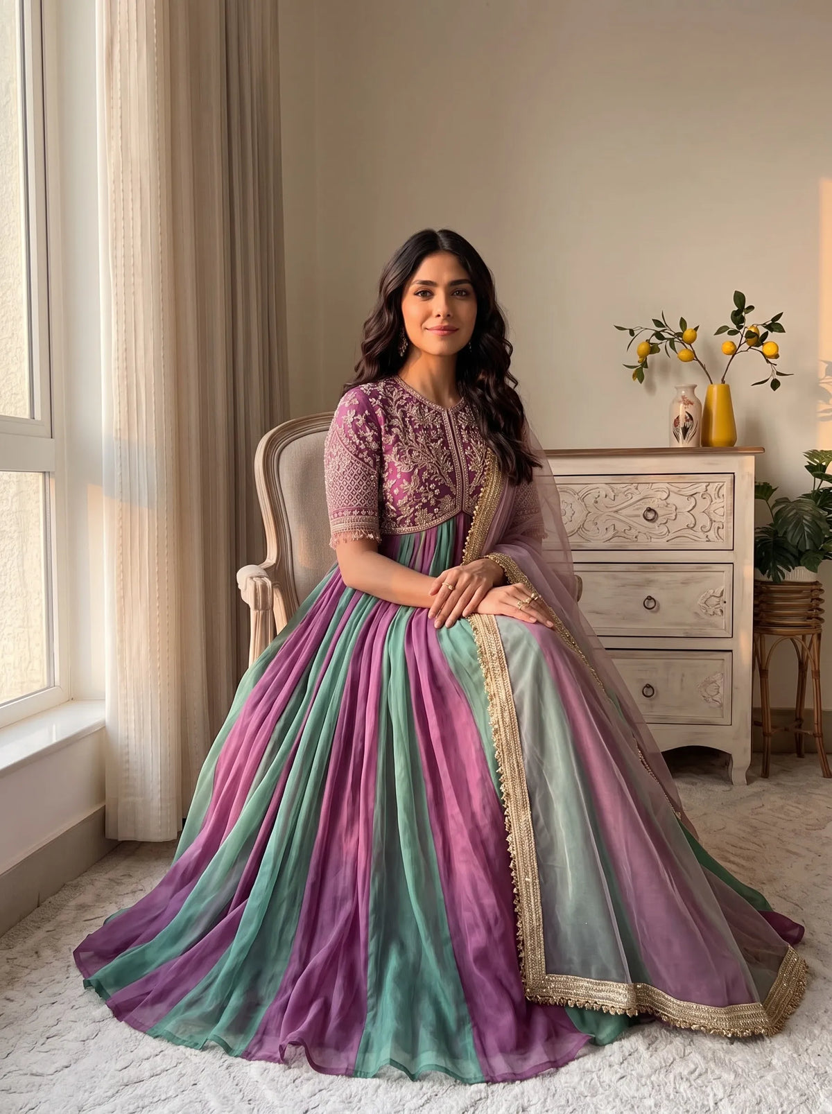 Premium NC Moss Silk Gown with Embroidery, Beads & Tassel Sleeves