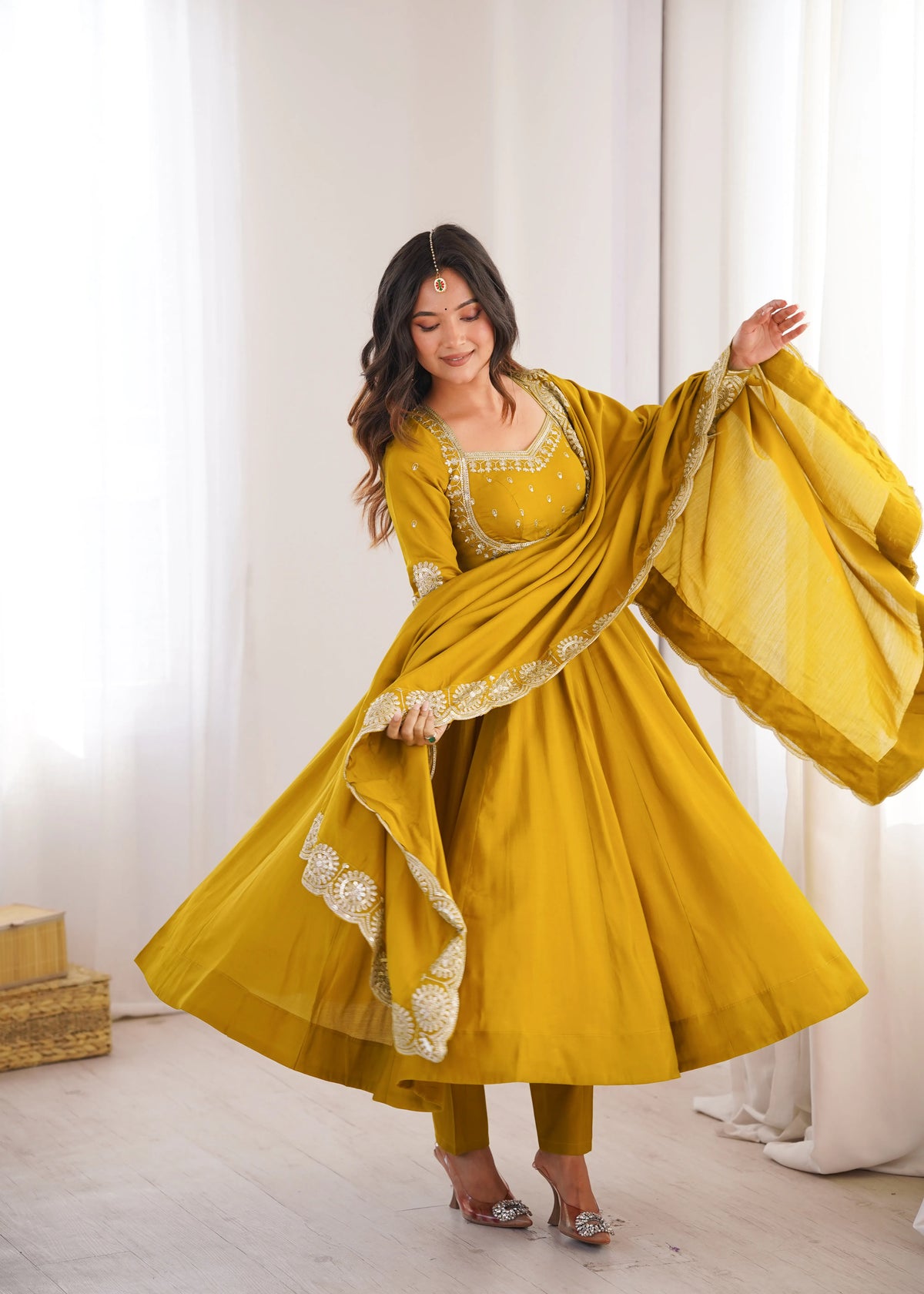 Premium Roman Silk Anarkali Gown with Embroidery & Sequin Work