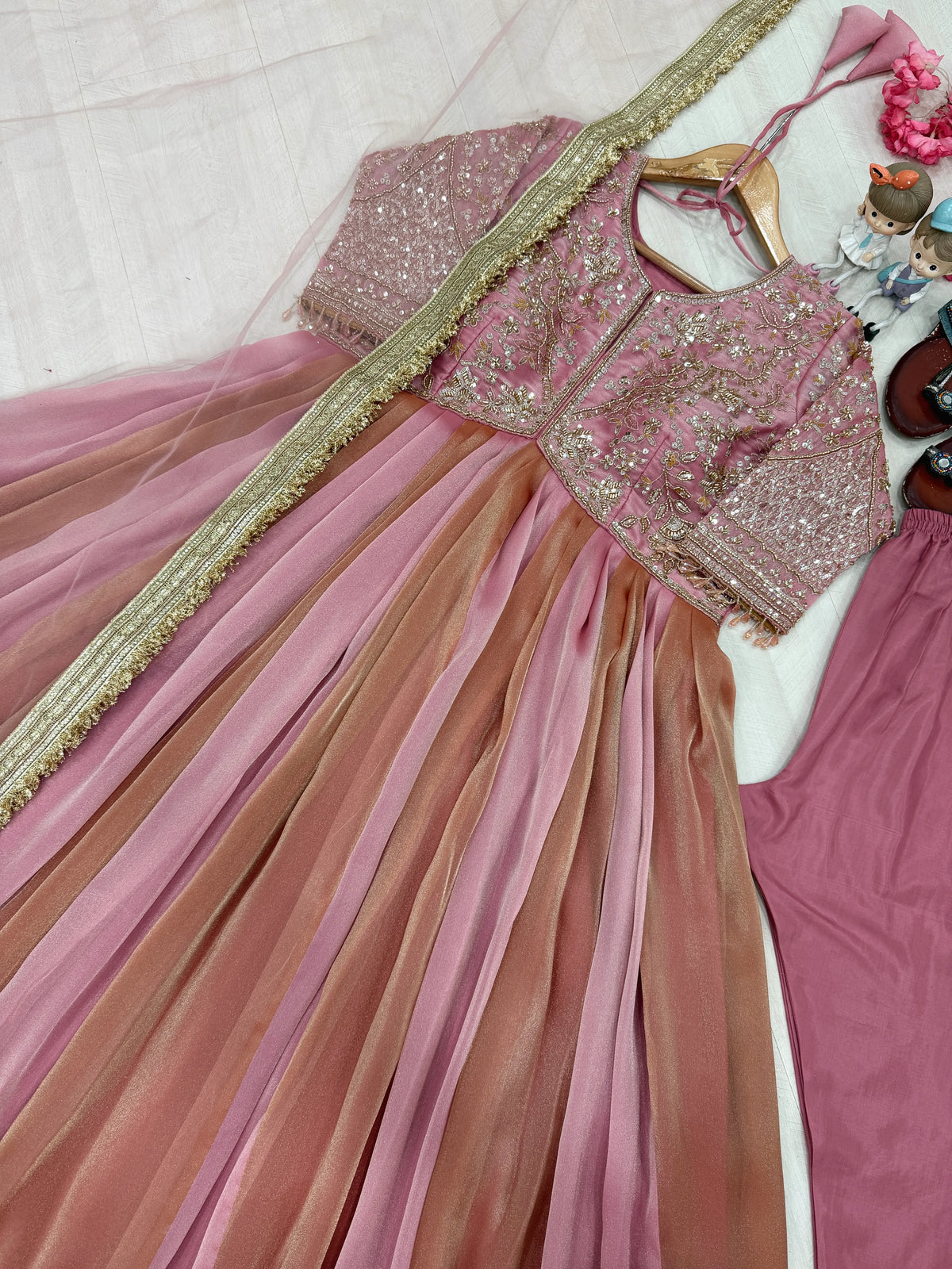 Premium NC Moss Silk Gown with Embroidery, Beads & Tassel Sleeves