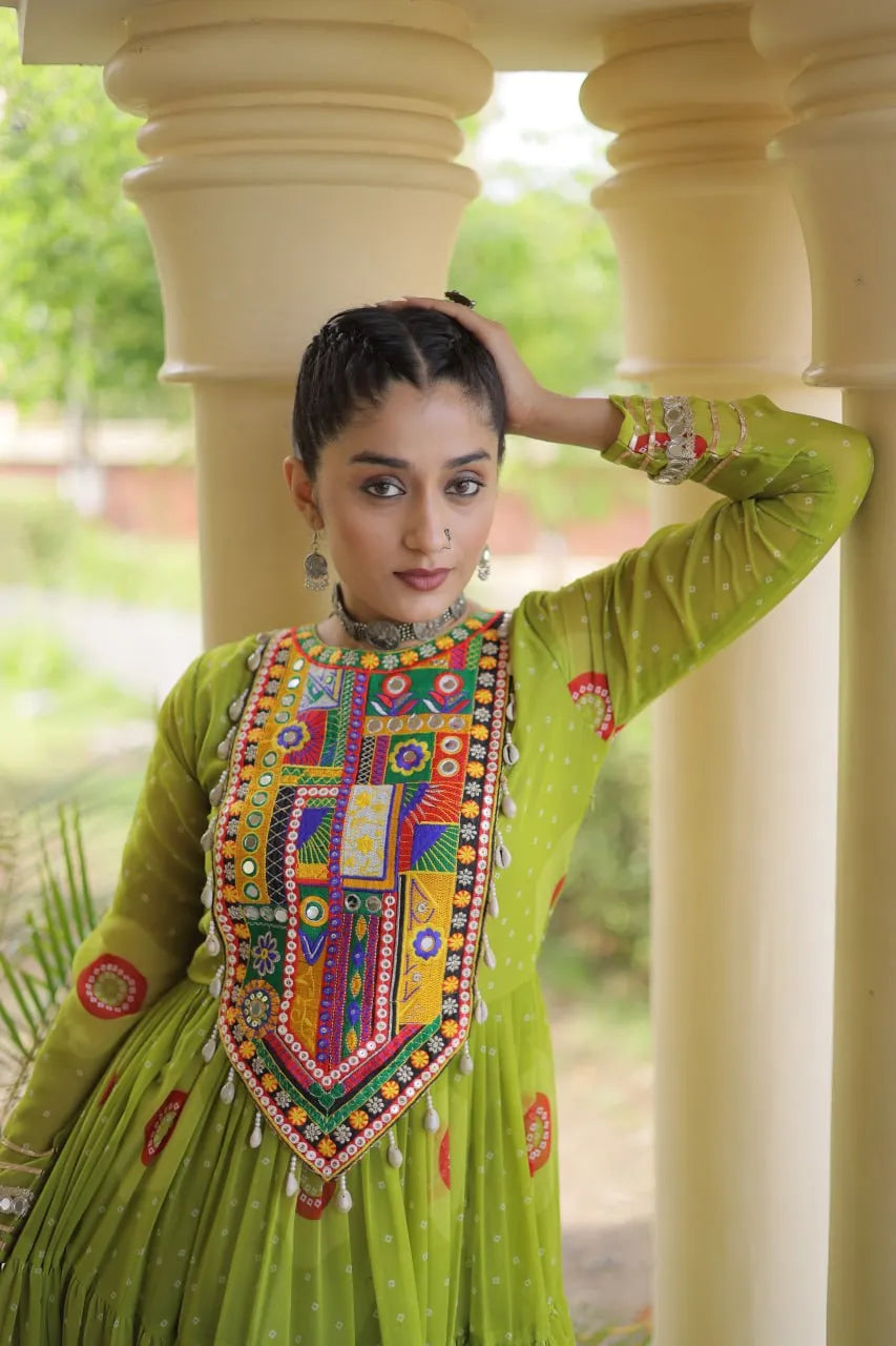 Premium Faux Georgette Navratri Gown with Bandhani Print & Kutchi Patchwork