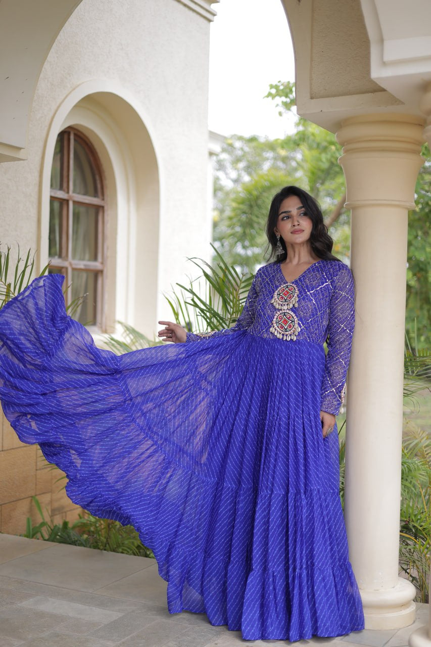 Premium Faux Georgette Navratri Gown with Laheriya Print & Kutchi Patchwork