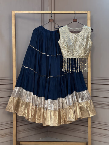 Premium Rayon Navratri Lehenga with Lampi Lace & Gold Organza Mirror Work Blouse
