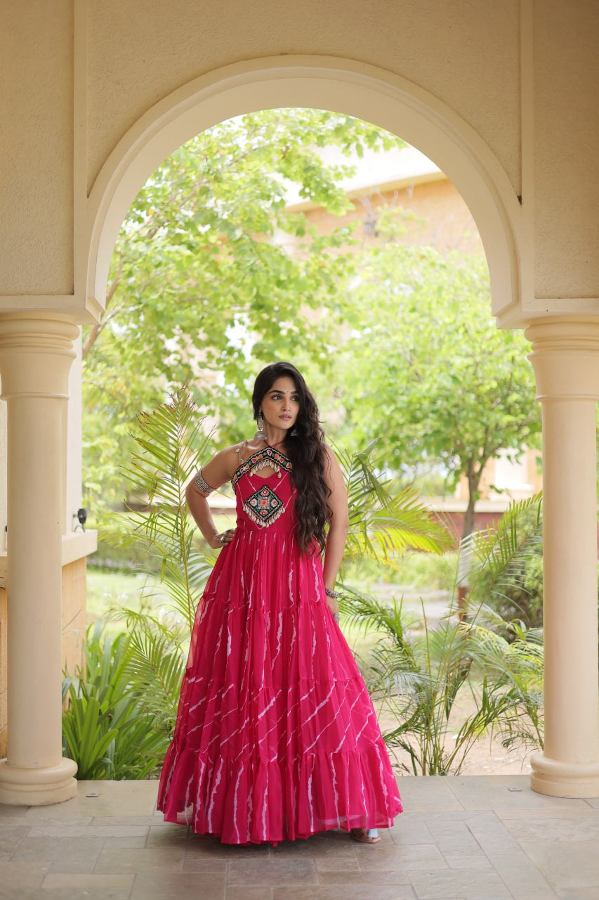 Premium Faux Georgette Navratri Gown with Laheriya Print & Kutchi Patchwork