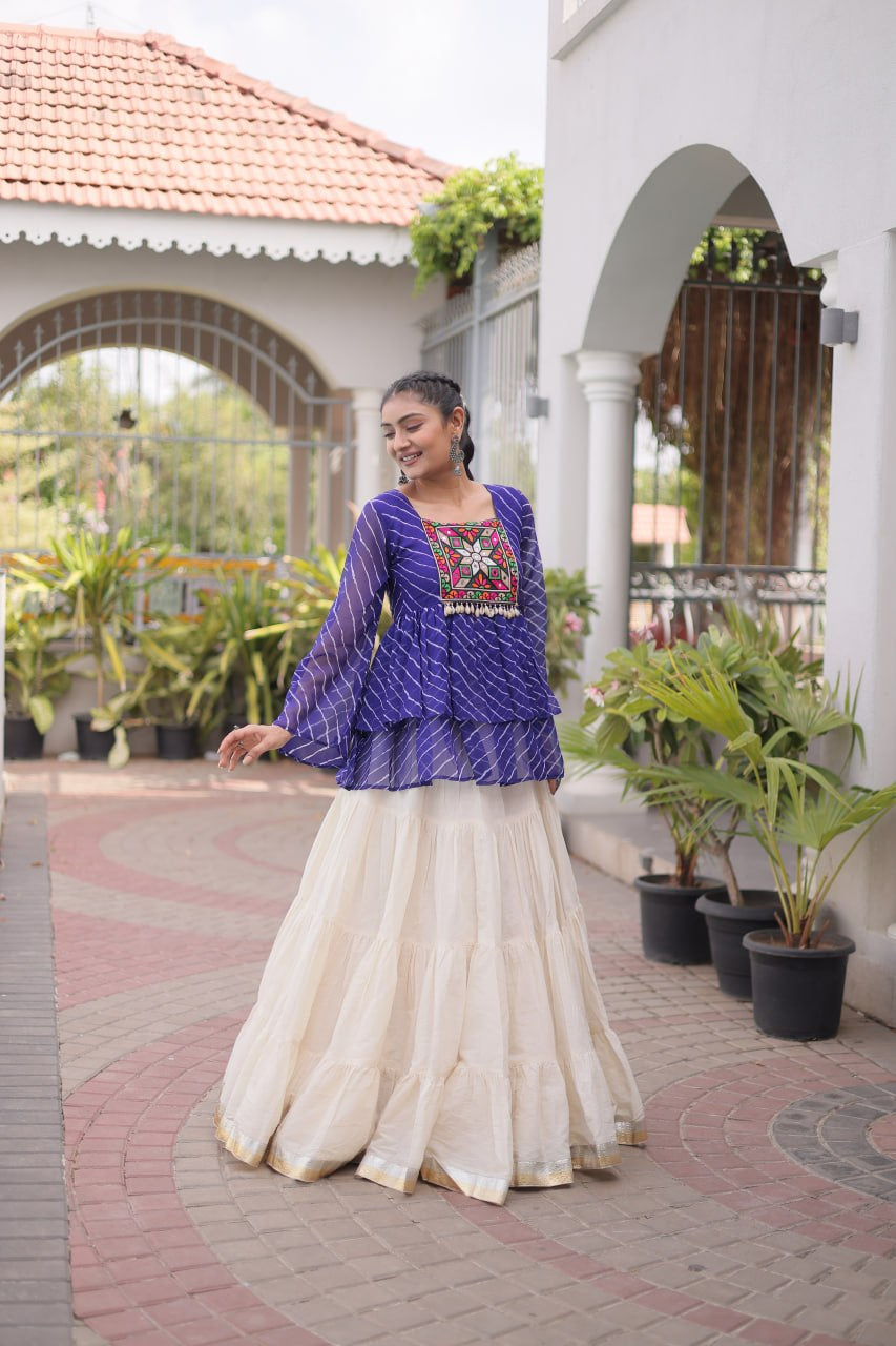 Premium Kora Cotton Navratri Lehenga Choli with Frill Stitching, Lampi Lace & Kutchi Gamthi Patchwork