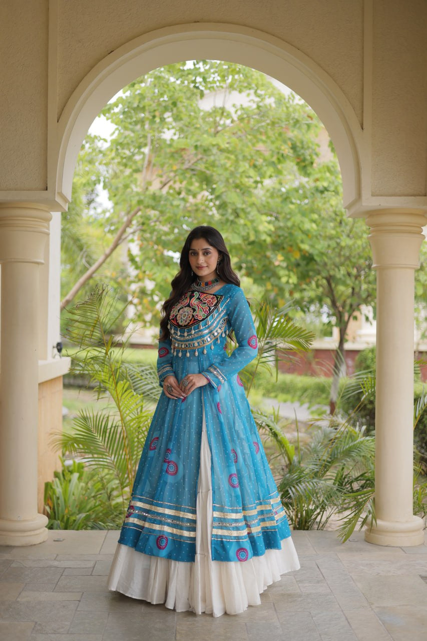 Premium Kora Cotton Navratri Lehenga with Bandhani Print & Kutchi Patchwork Kurti