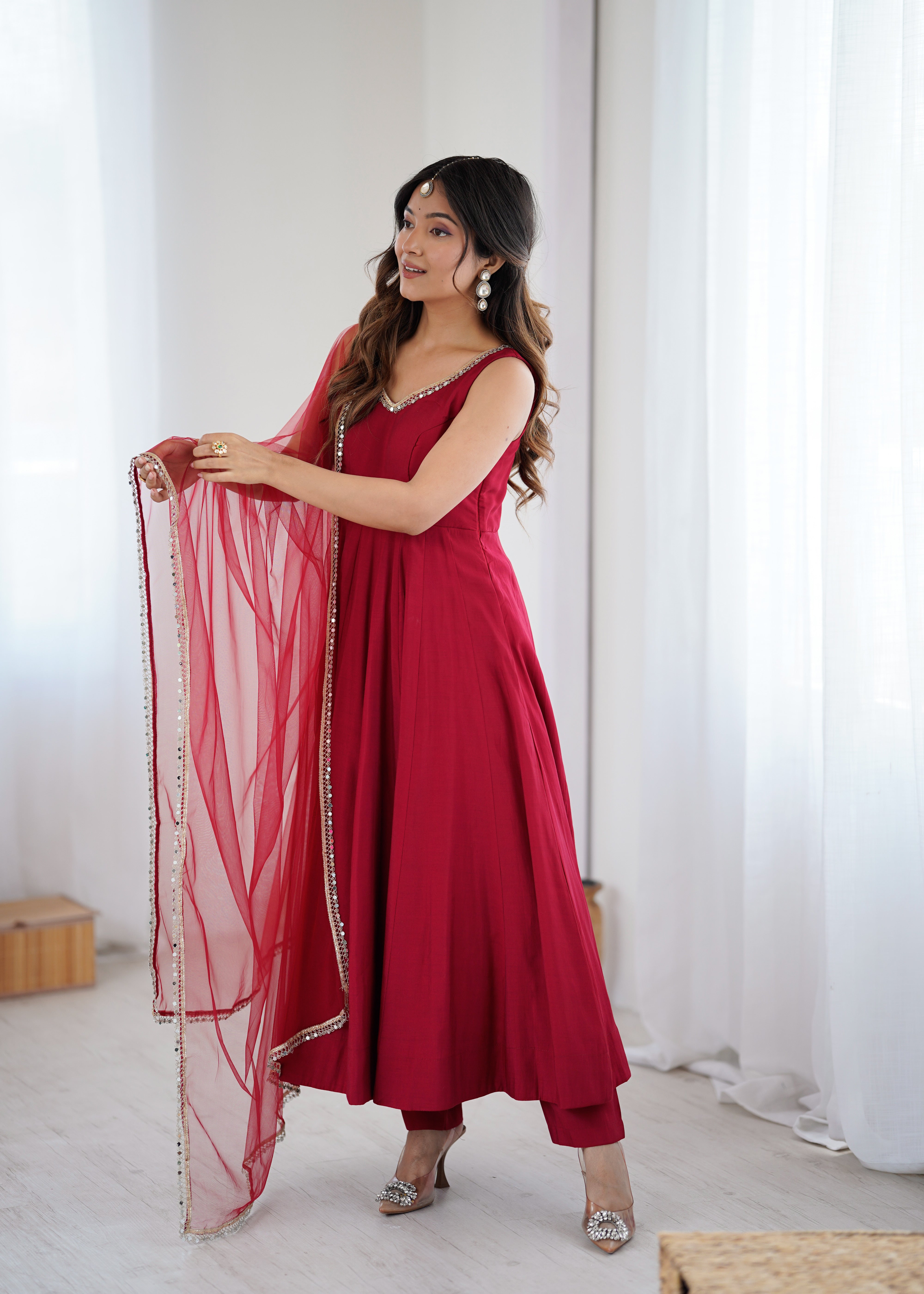 Premium Pure Romansilk Chanderi 4 Meter Flared Anarkali Gown Set