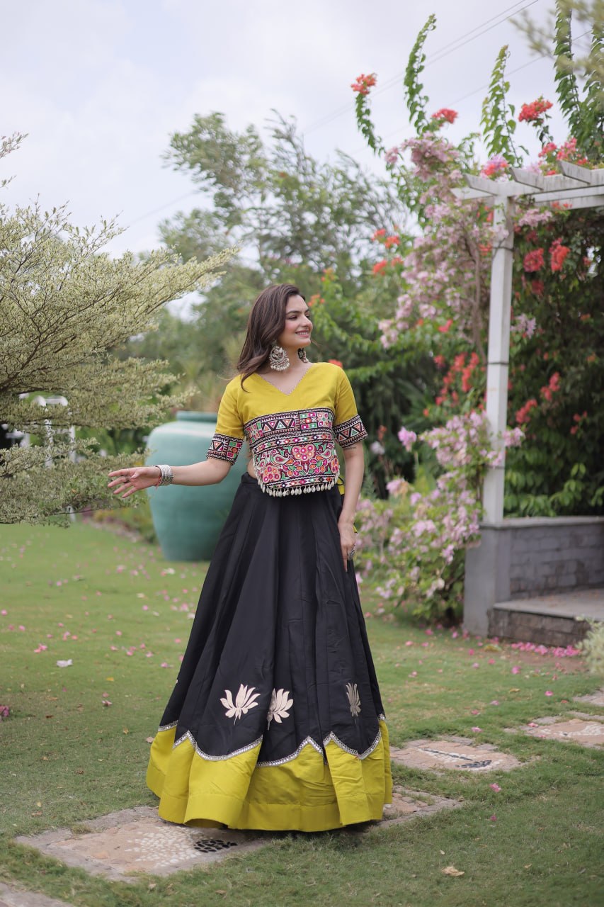 Premium Roman Fabric Navratri Lehenga Choli with Gota & Mirror Work